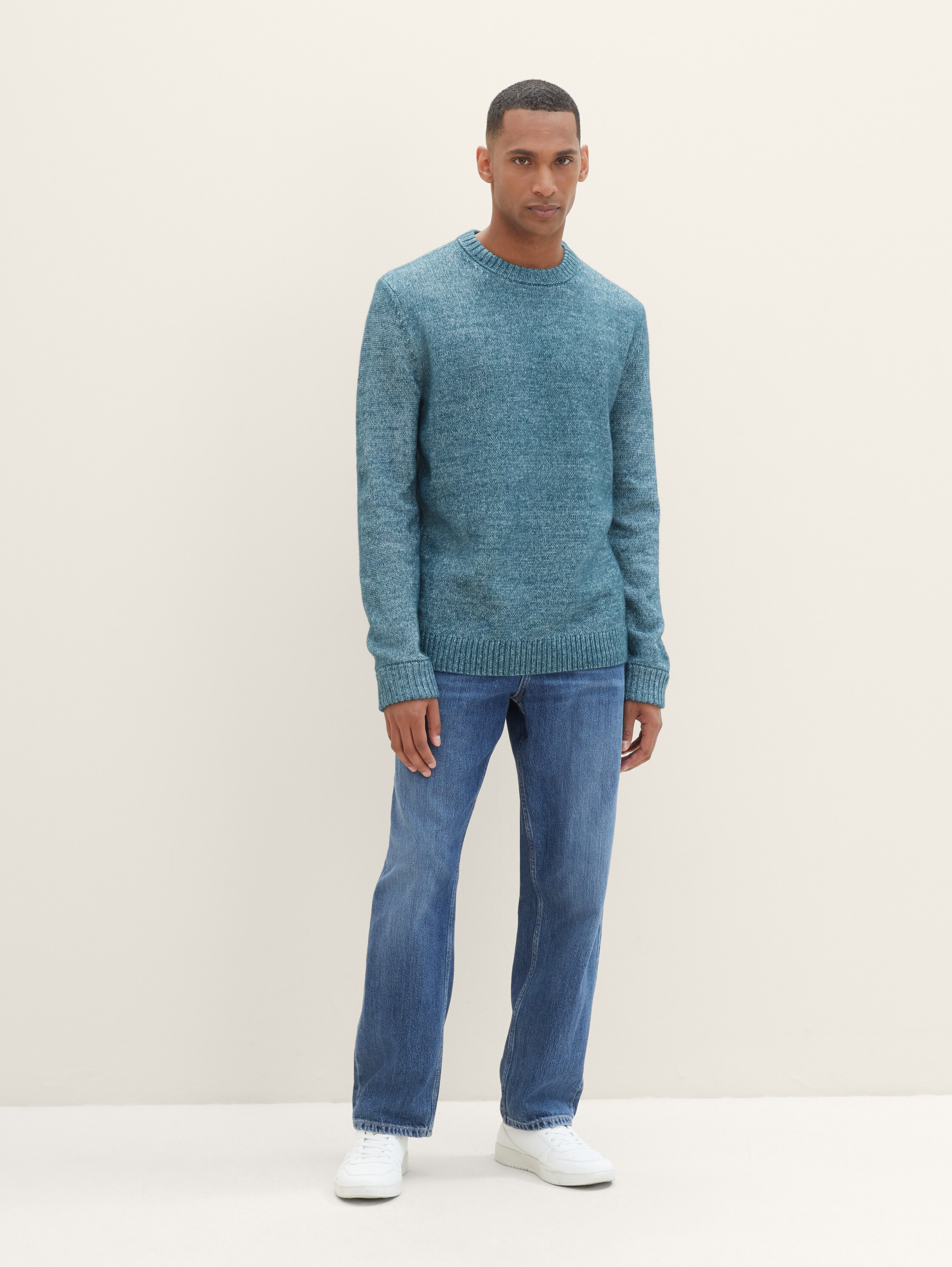 Knitted sweater with recycled polyester - deep pond green white core - Model front view