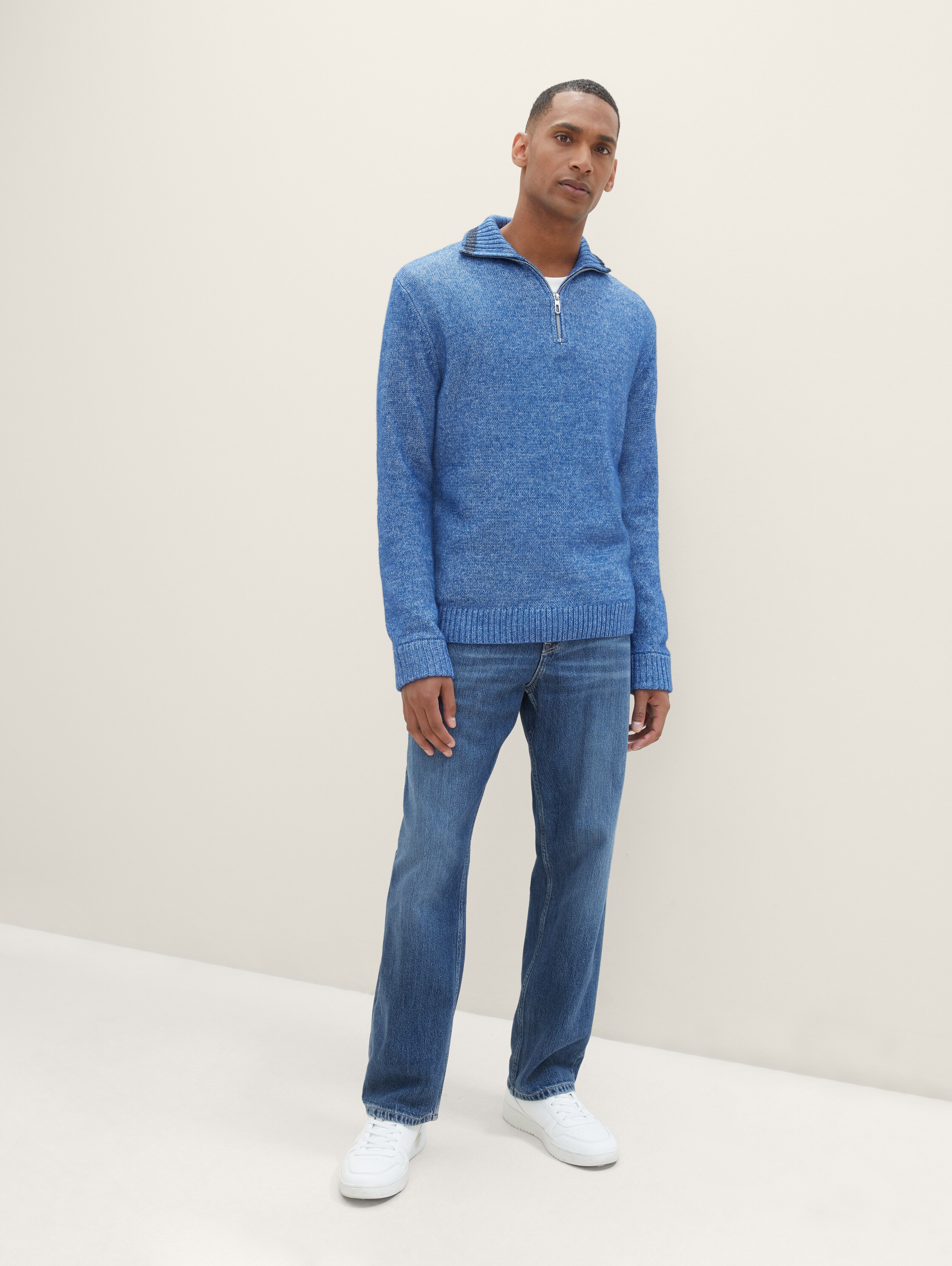Troyer knitted sweater with recycled polyester - hockey blue white core - Model front view