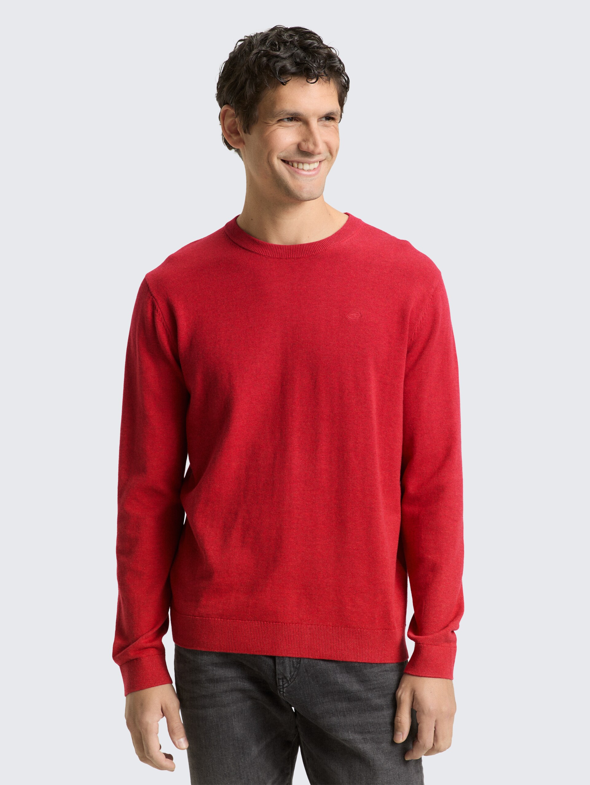 Basic Strickpullover aus Baumwolle - Salsa Red Non-Solid - Ausschnitt Model-Vorderansicht