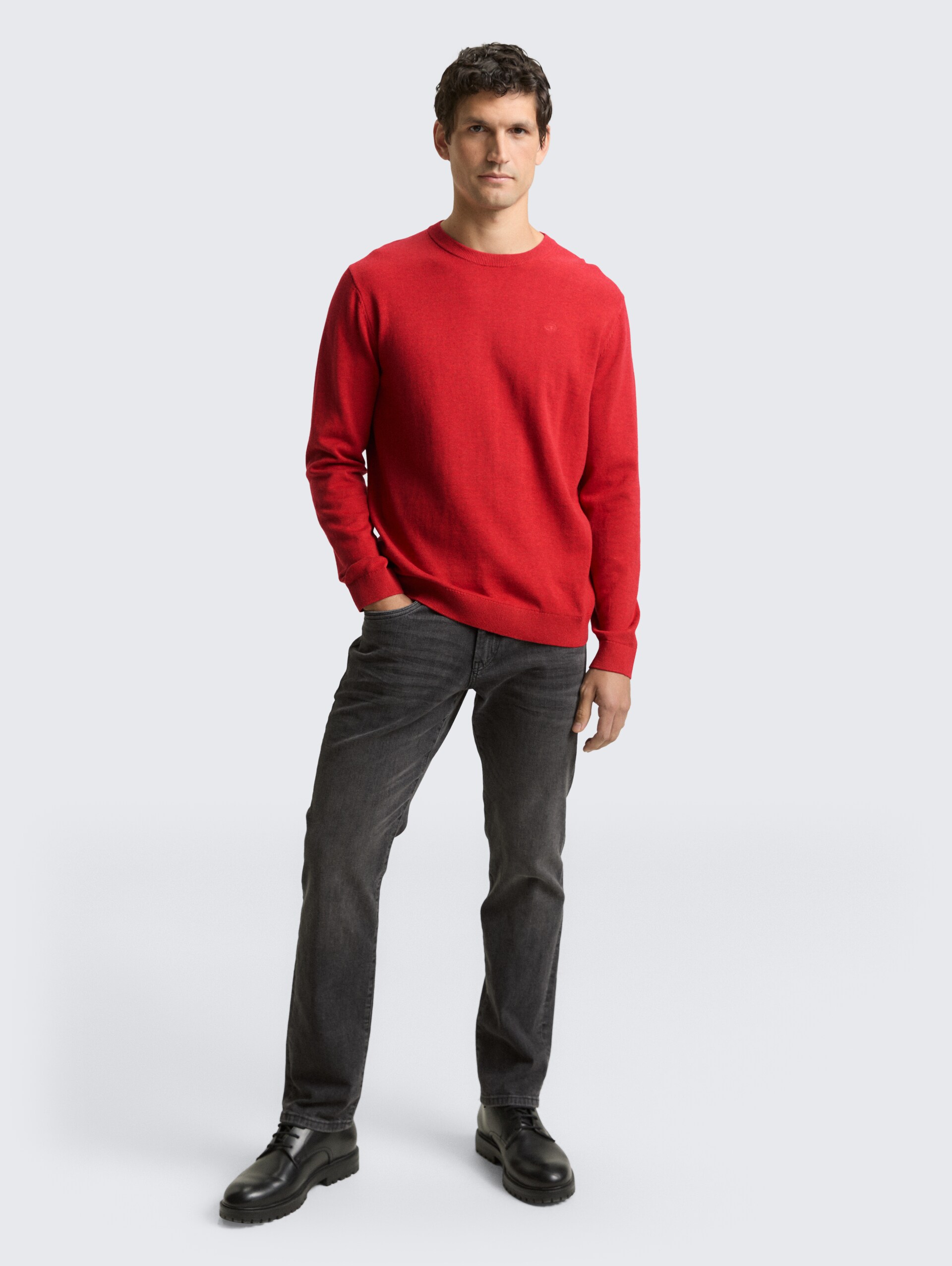 Basic Strickpullover aus Baumwolle - Salsa Red Non-Solid - Model-Vorderansicht