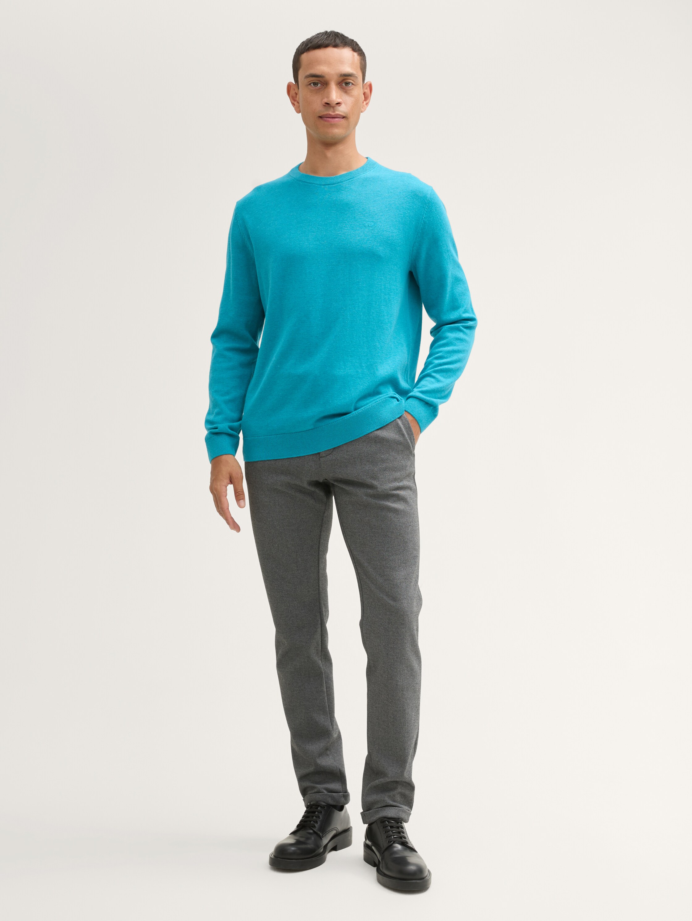 Basic Strickpullover aus Baumwolle - turquoise_blue_melange - 
