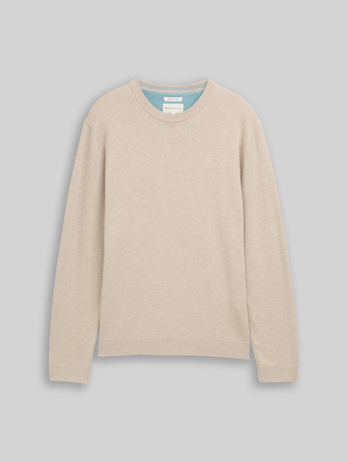 Basic cotton knitted jumper by Men, cashew beige melange