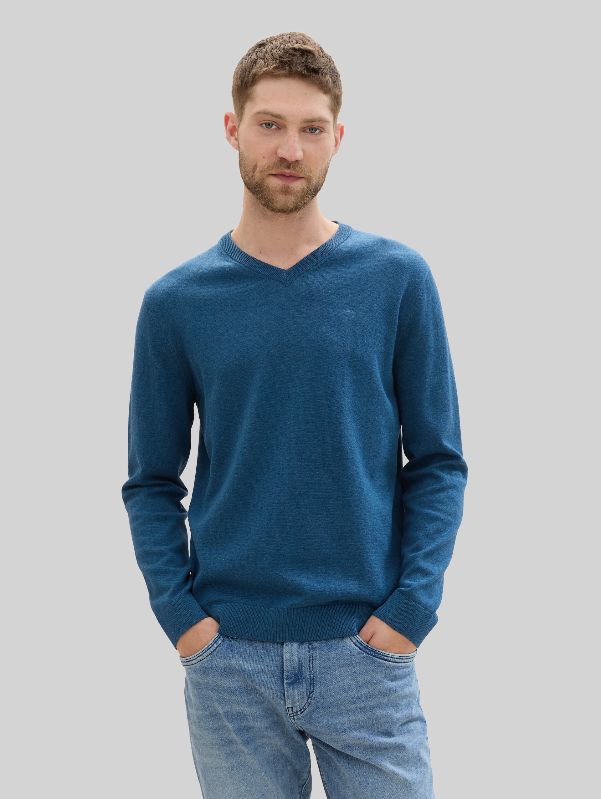 Strickpullover mit V-Ausschnitt - dark teal melange