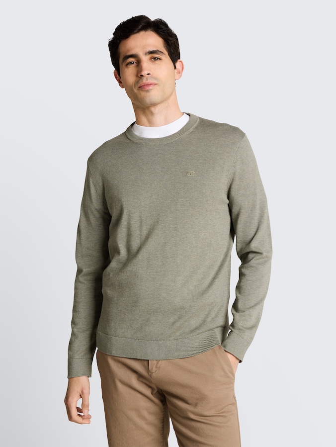 Basic knitted jumper in cotton by Men, greyish shadow olive melange