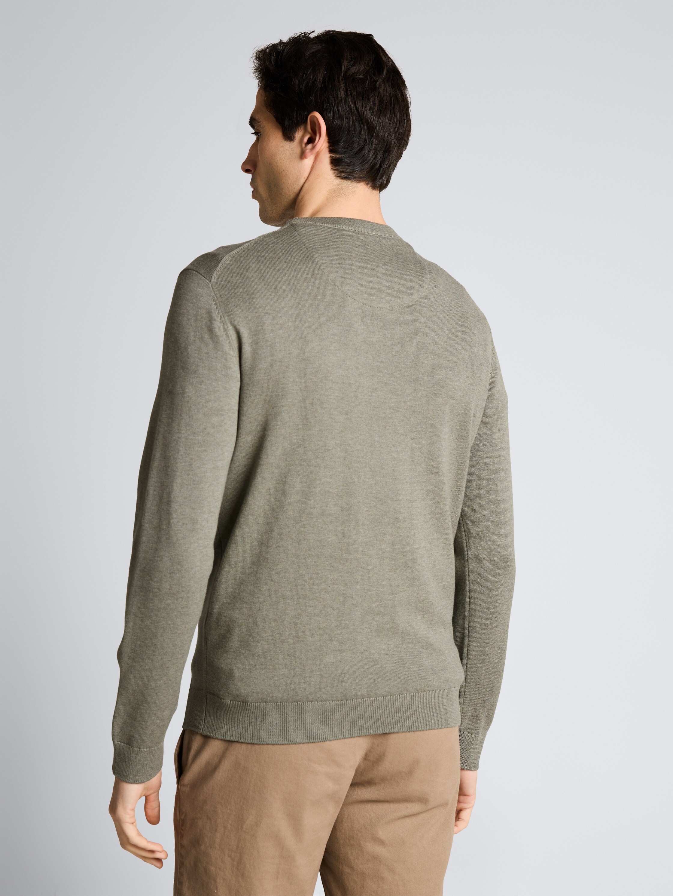 Basic gebreide trui van katoen - greyish shadow olive melange