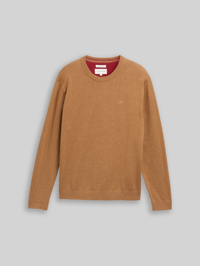 Pull en maille basique en coton par Men, mid brown melange