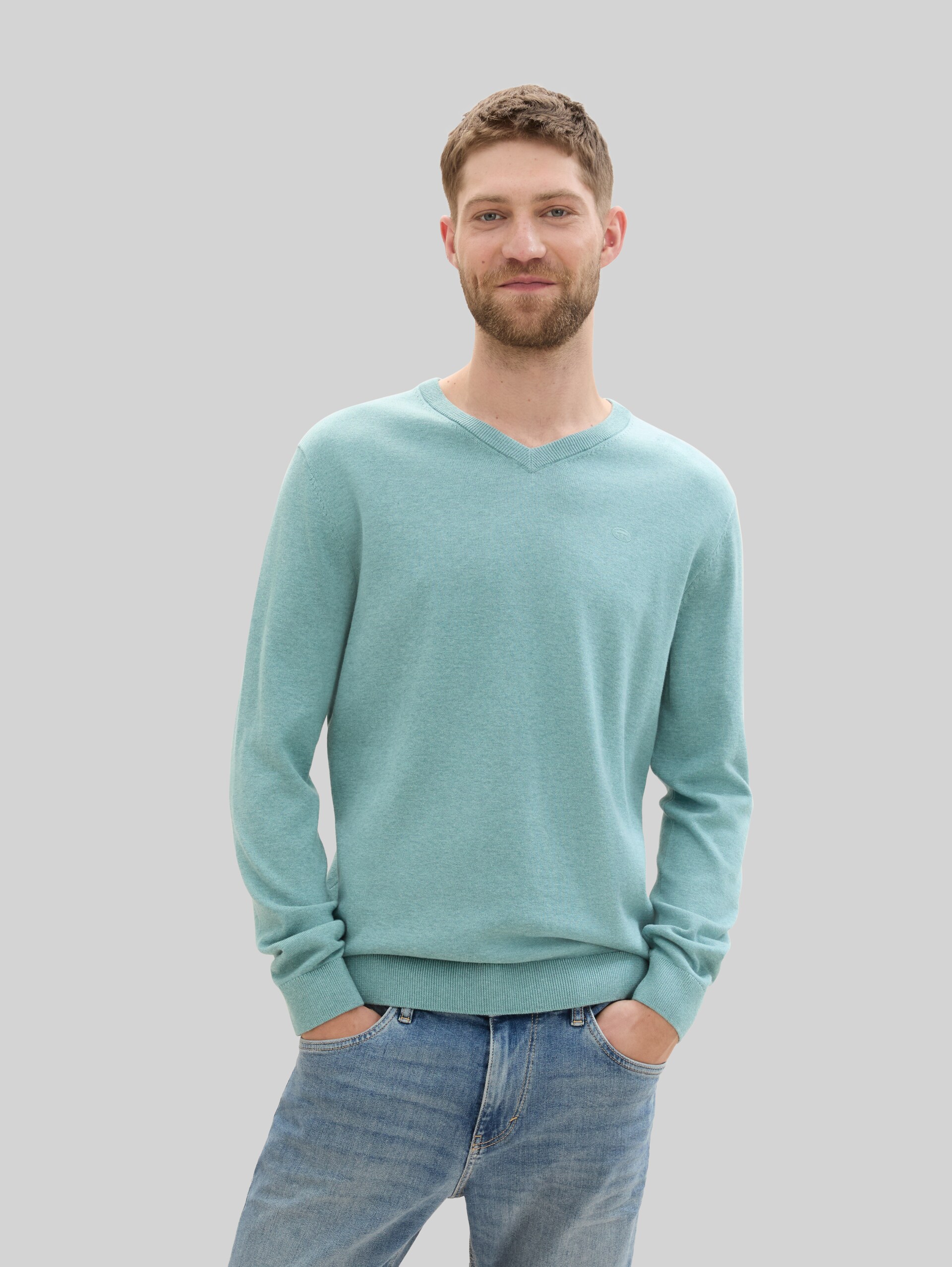 Cotton V-neck jumper - Mineral Stone Blue Melange