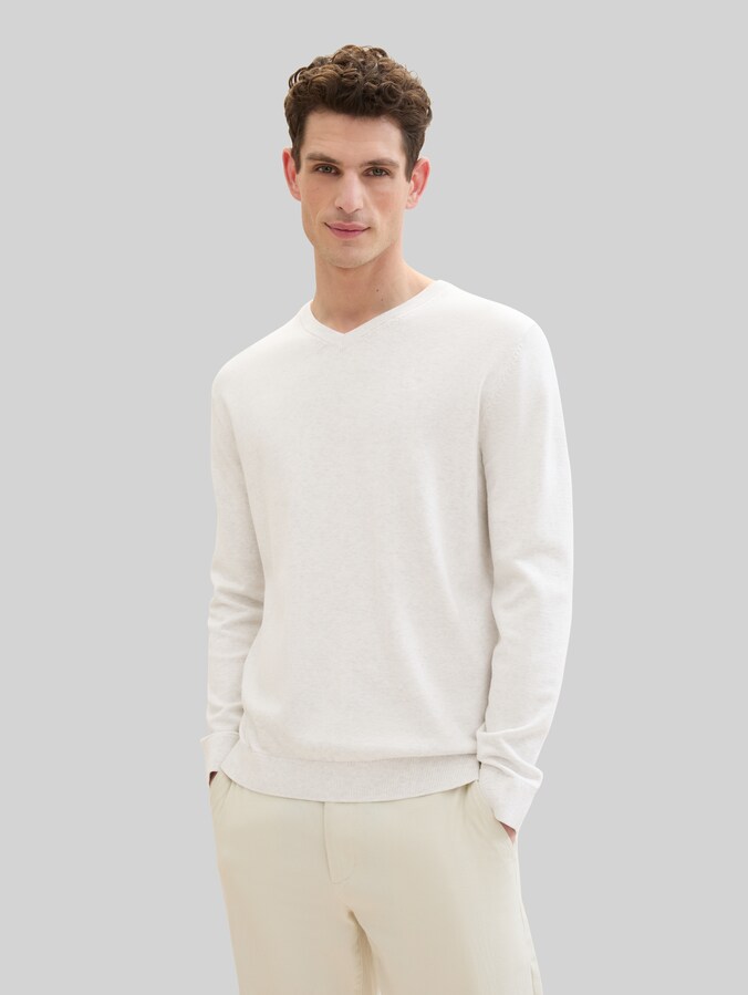 Pull en maille à col en V en coton par Men, Soft Vanilla Melange