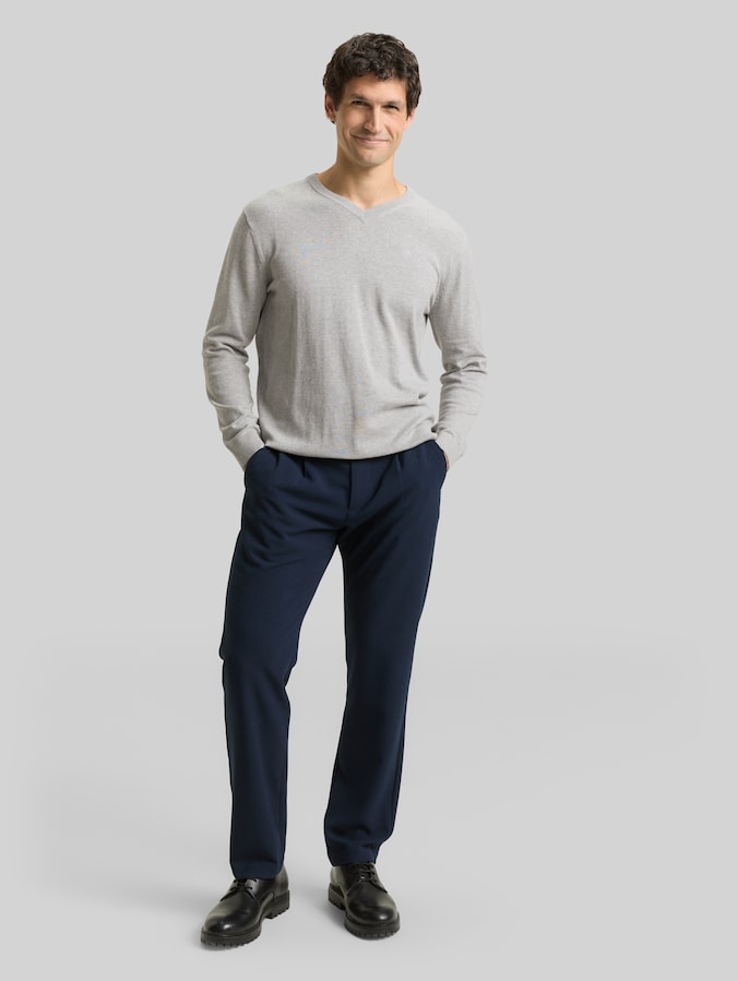 Pull en coton à col en V par Men, Light Soft Grey Melange