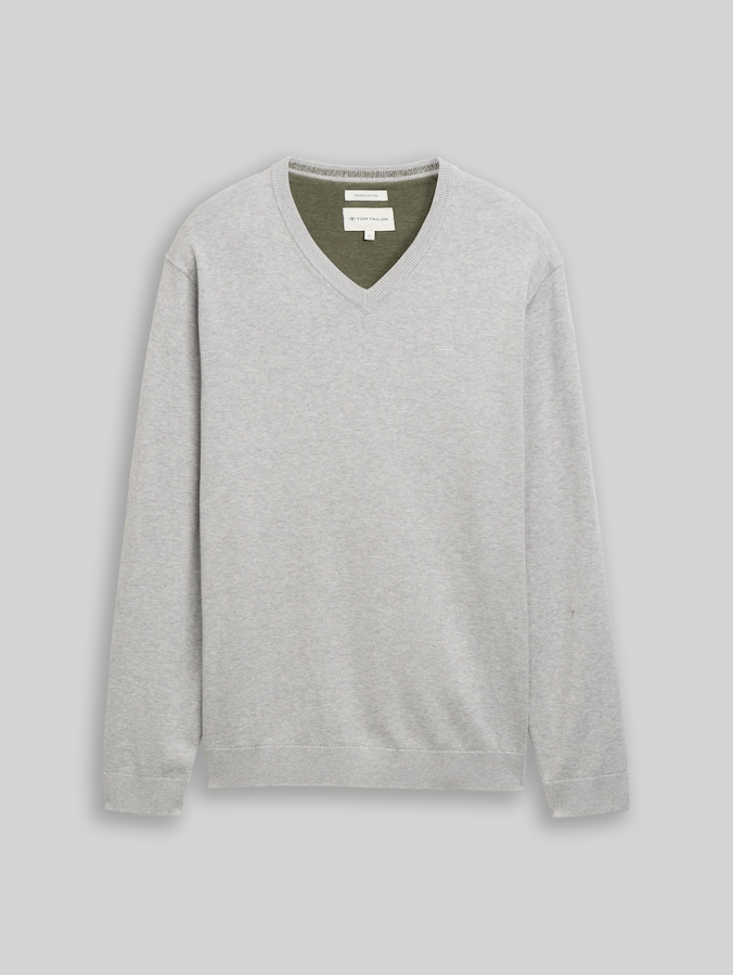 Pull en coton à col en V par Men, Light Soft Grey Melange