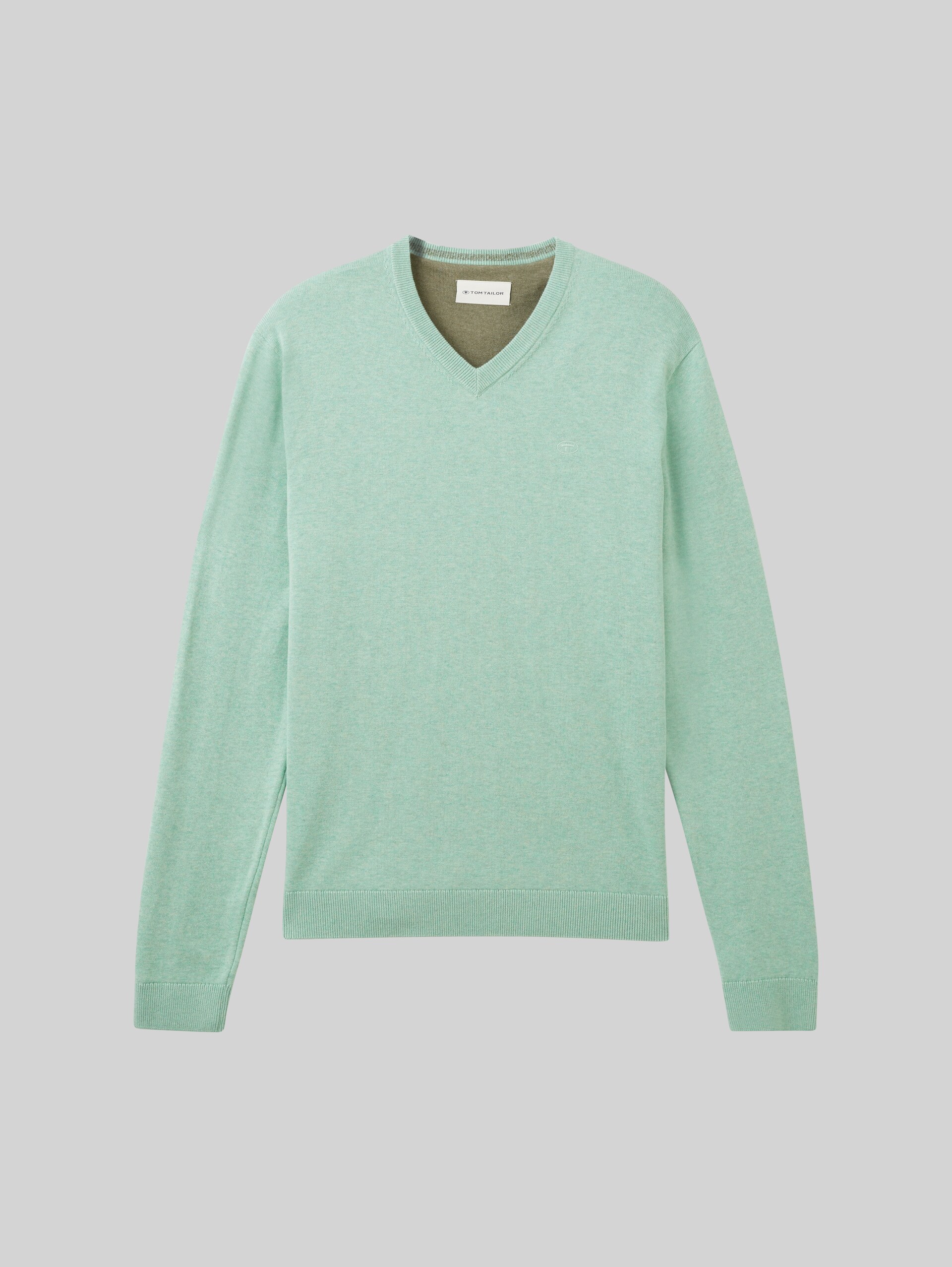 Strickpullover mit V-Ausschnitt aus Baumwolle - soft jade melange