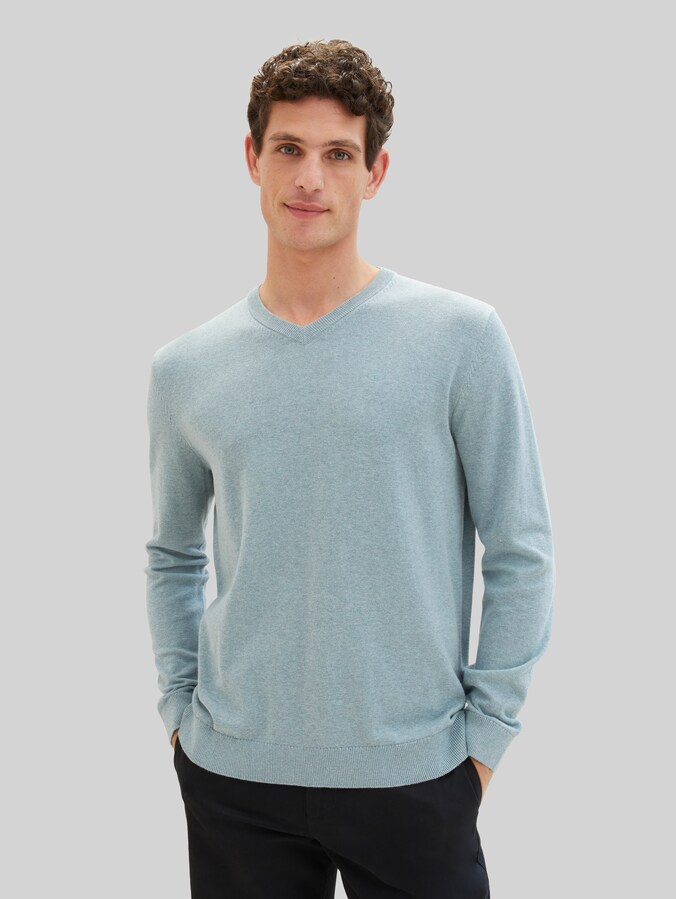 Pull en maille à col en V en coton par Men, dusty ice melange