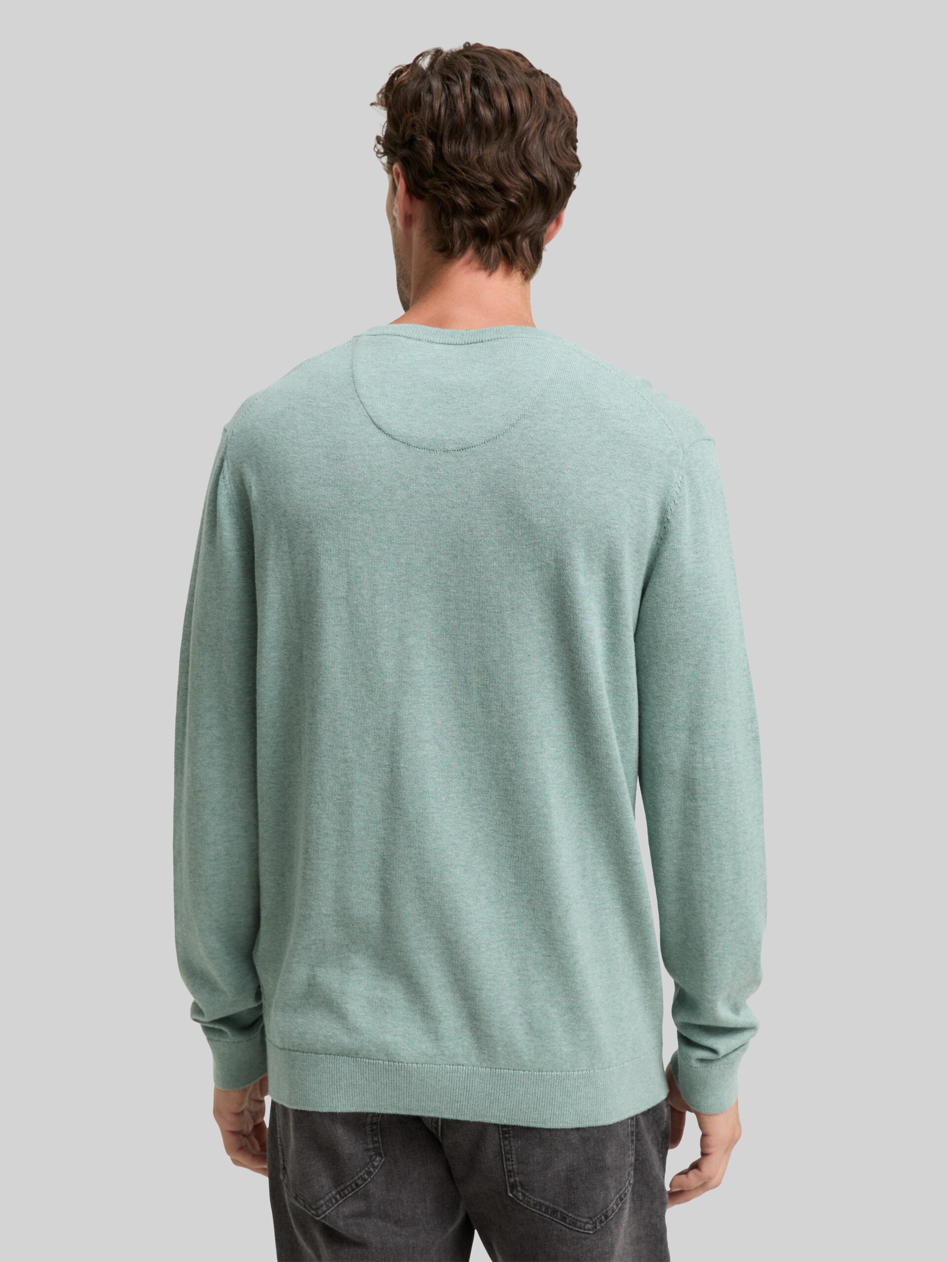 Cotton knit jumper with V-neck - dark smoke green melange