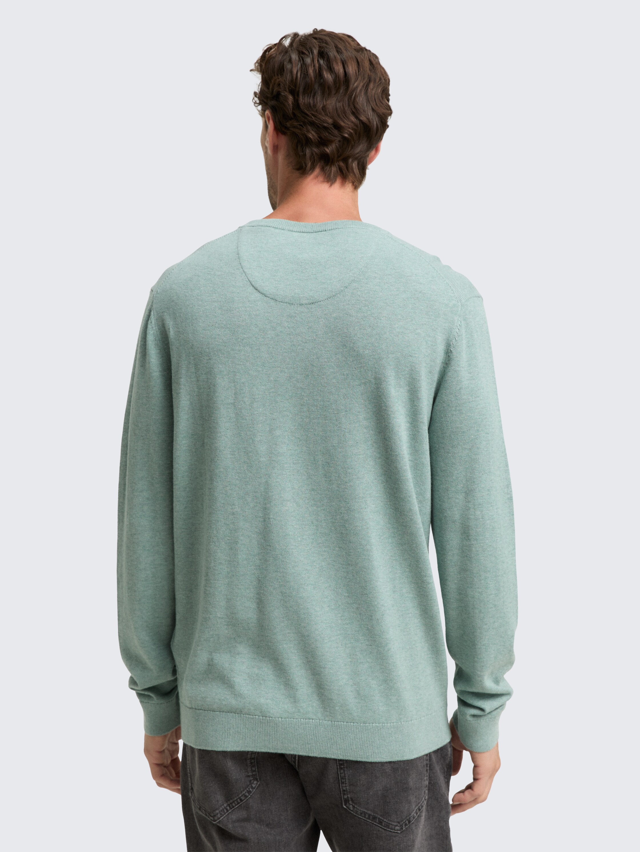 Gebreide trui met V-hals van katoen - dark_smoke_green_melange - 