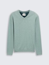 Strickpullover mit V-Ausschnitt aus Baumwolle - dark smoke green melange