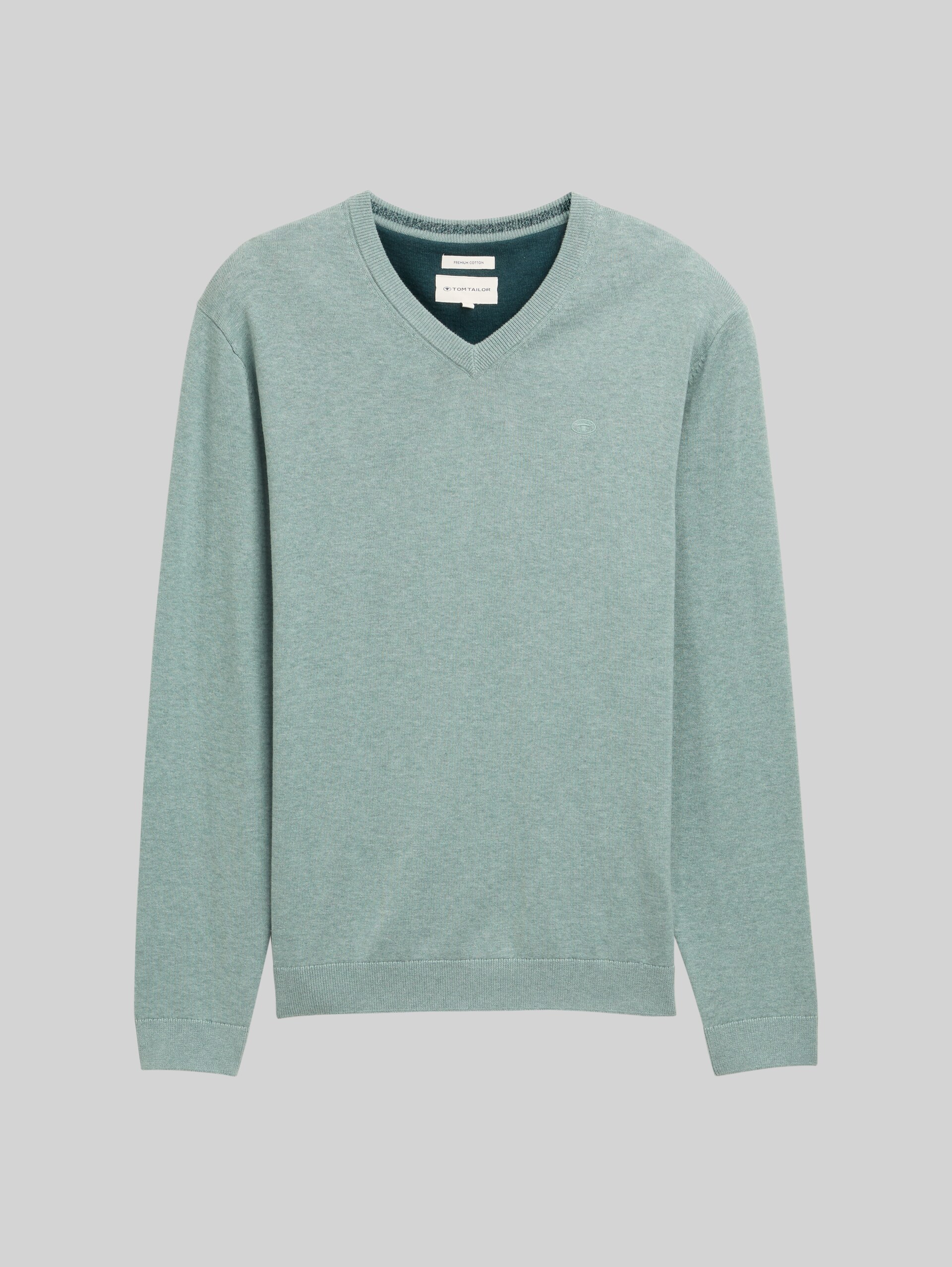 Cotton knit jumper with V-neck - dark smoke green melange