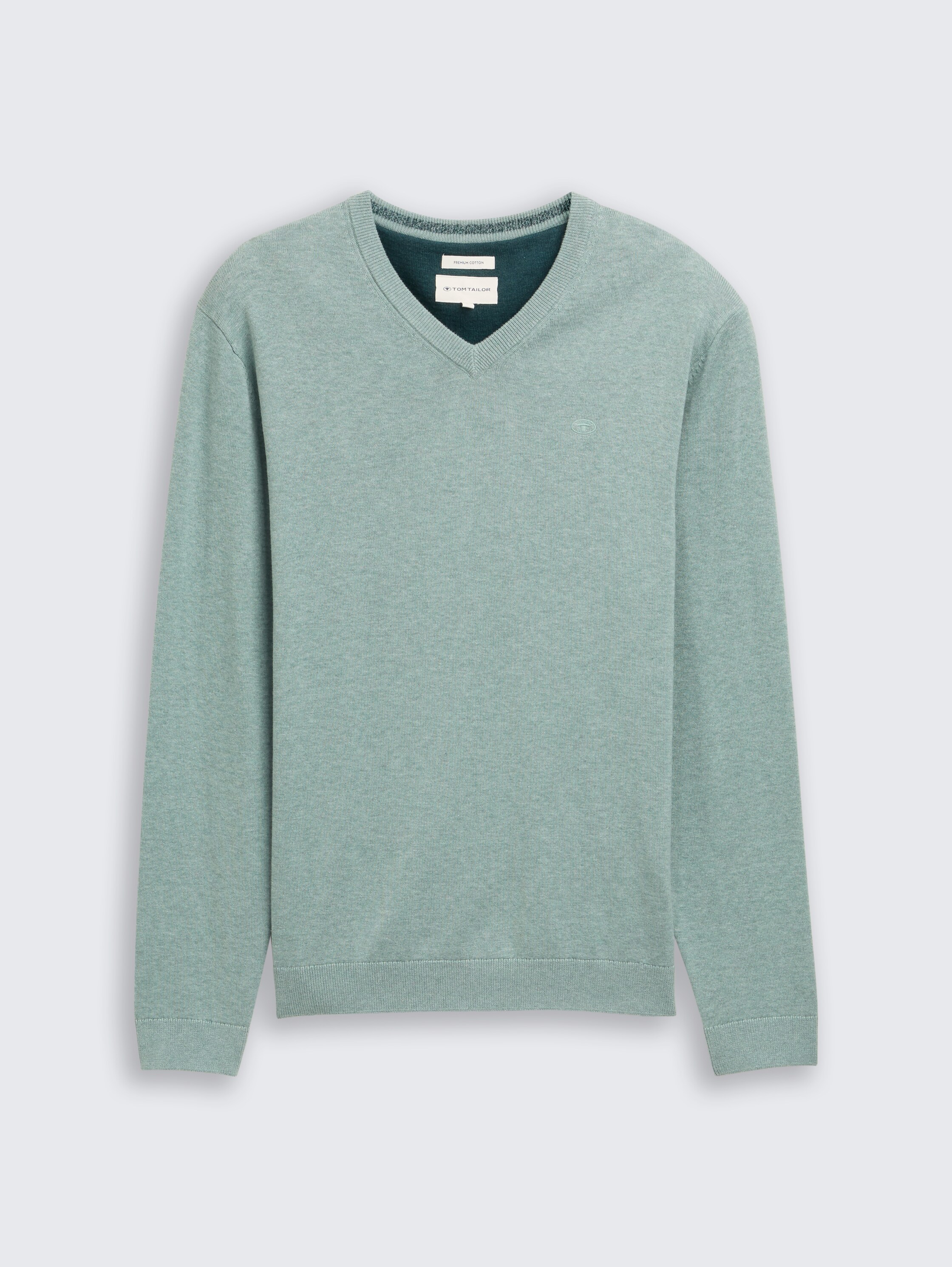 Gebreide trui met V-hals van katoen - dark_smoke_green_melange - 