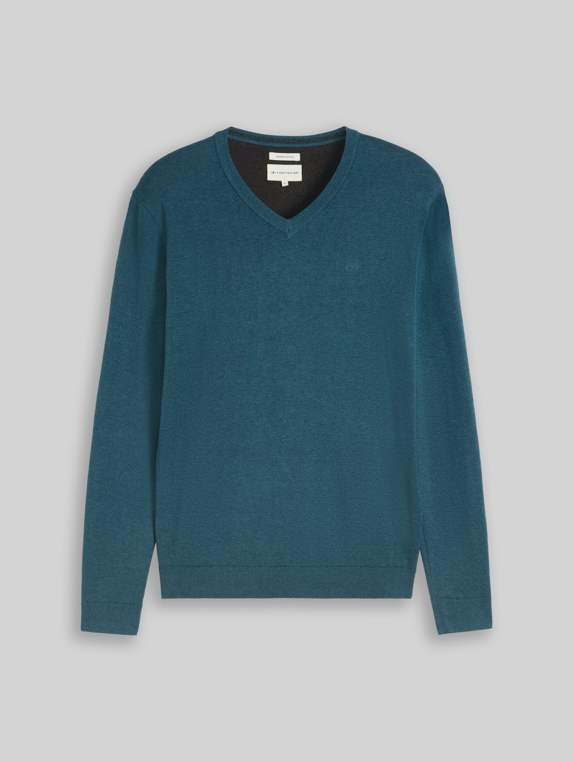 Strickpullover mit V-Ausschnitt aus Baumwolle - dark green melange