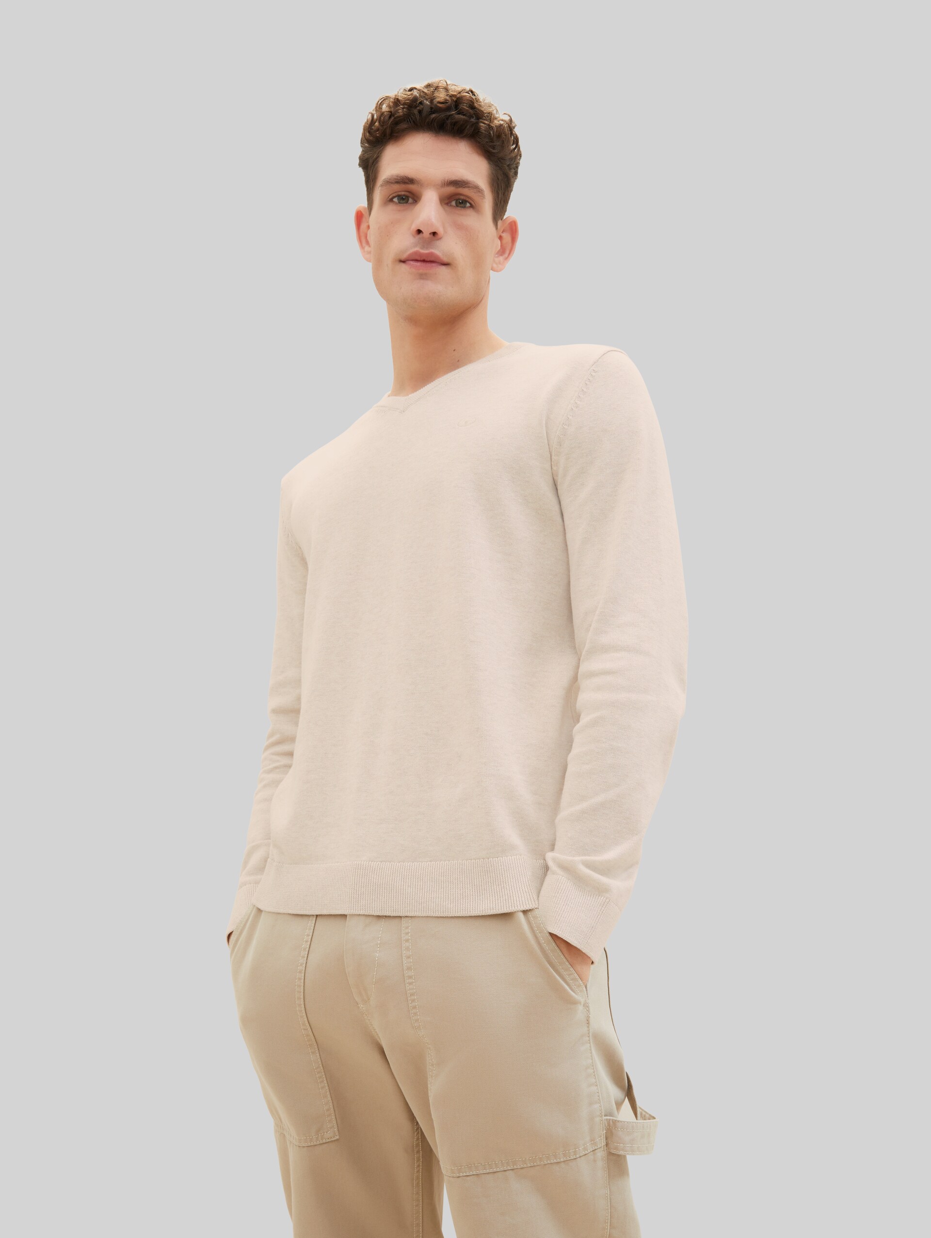 Pull en maille à col en V en coton - silver ecru light melange