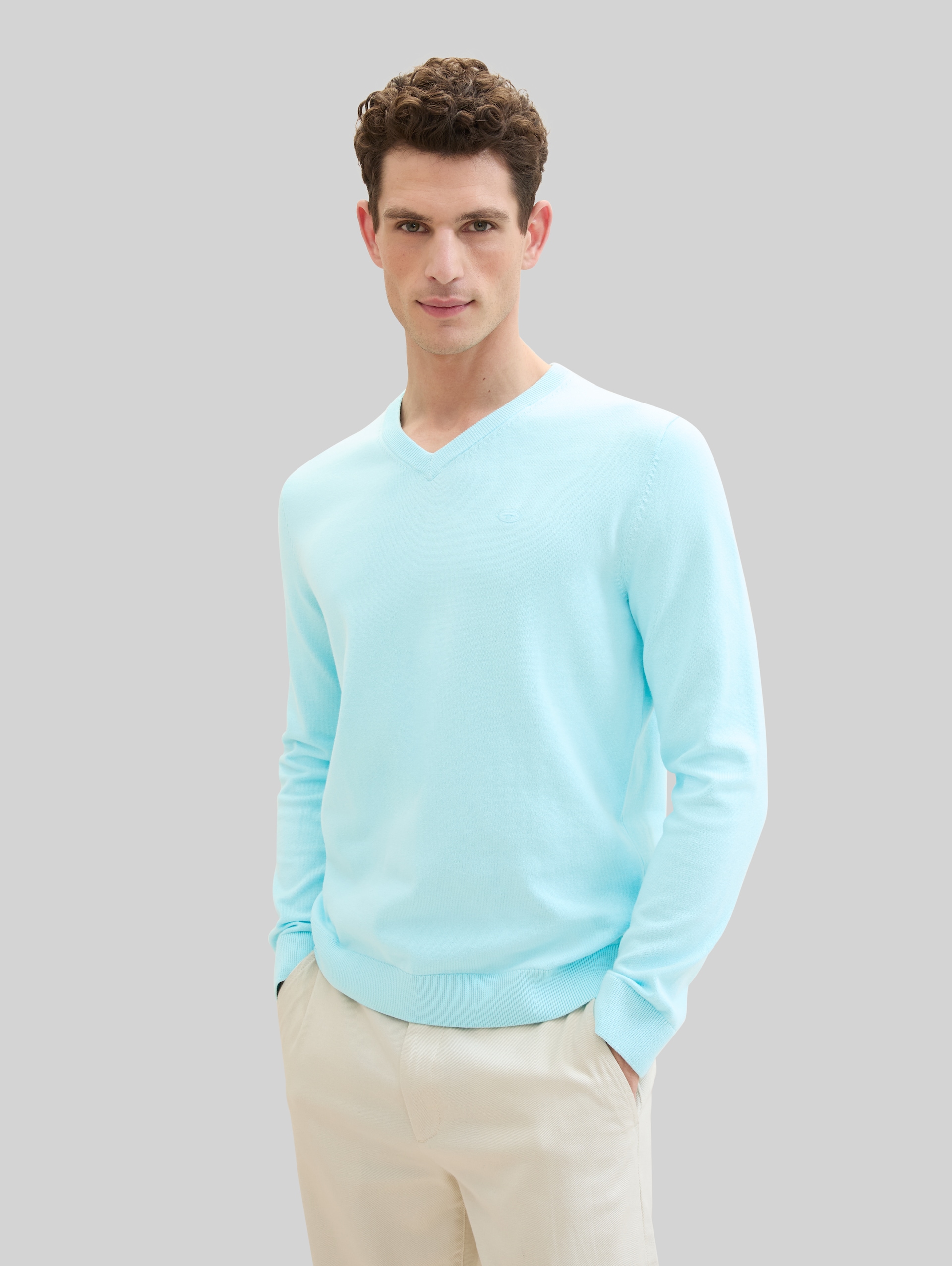 Strickpullover mit V-Ausschnitt aus Baumwolle - caribbean turquoise