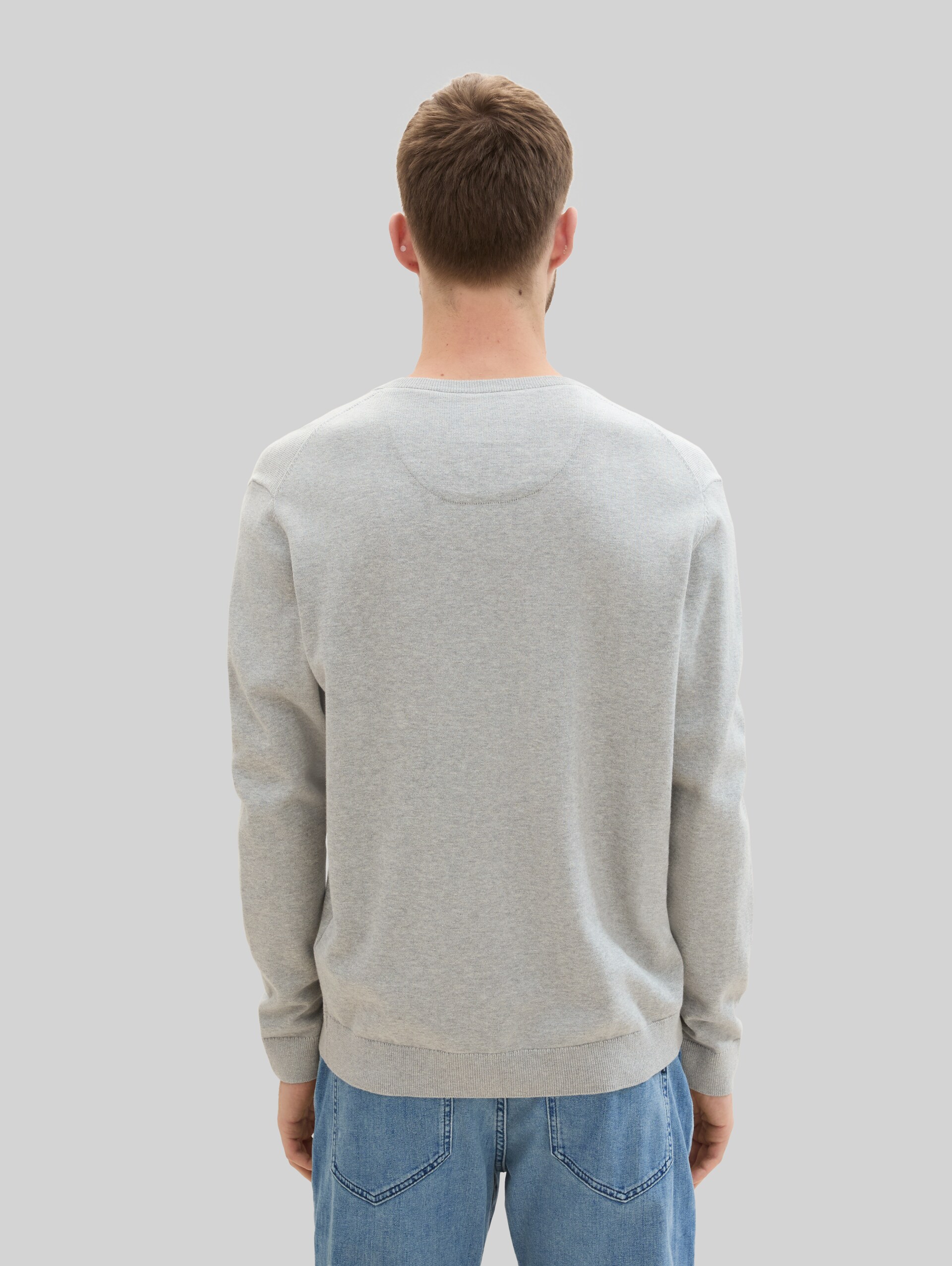 Gebreide trui met V-hals van katoen - bright stone grey melange