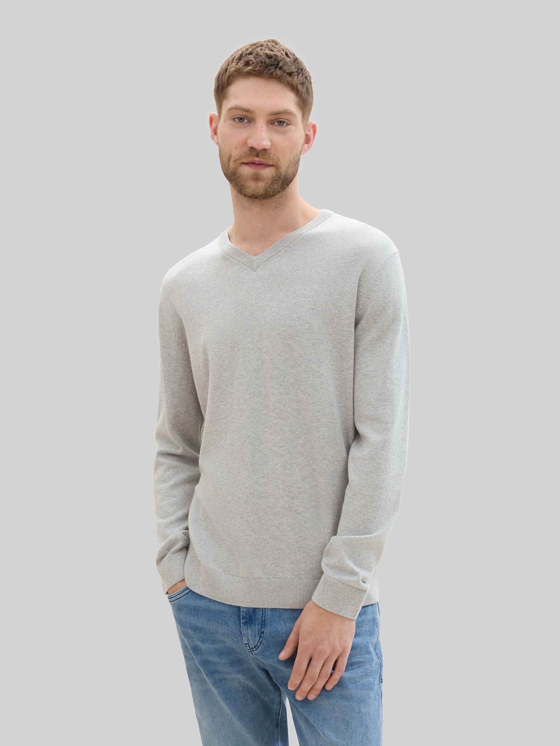 Gebreide trui met V-hals van katoen - bright stone grey melange