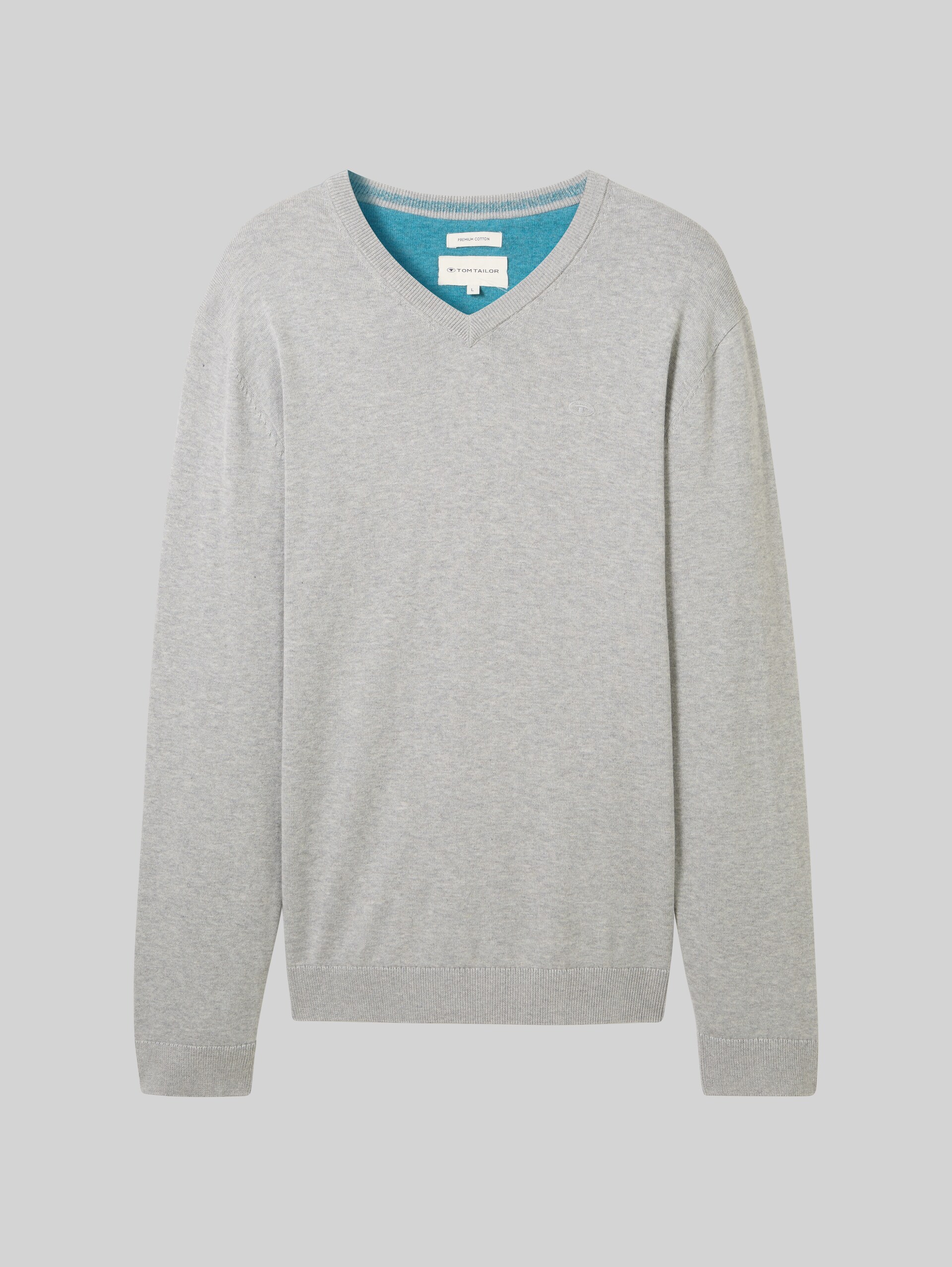 Gebreide trui met V-hals van katoen - bright stone grey melange