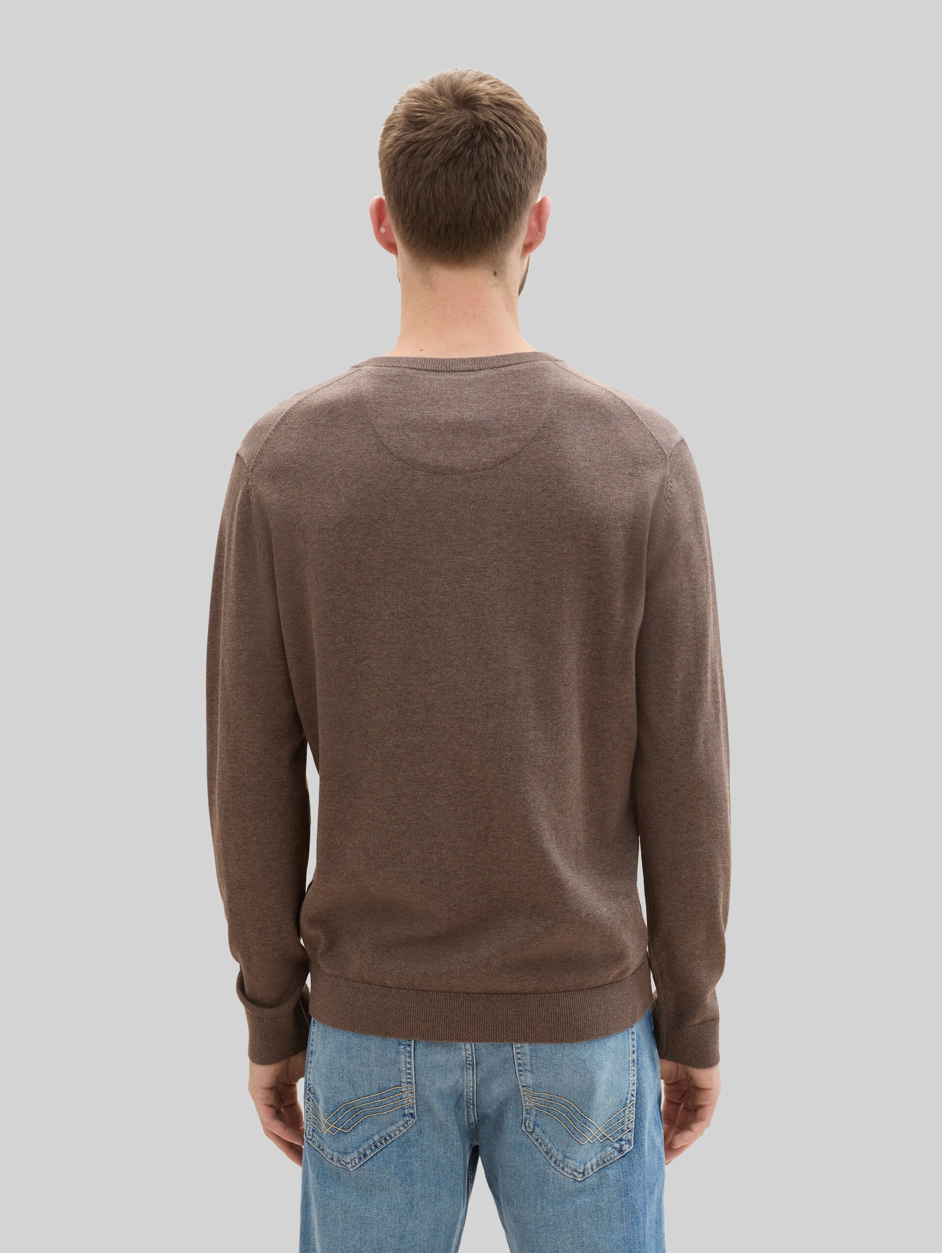 Gebreide trui met V-hals van katoen - wood brown melange
