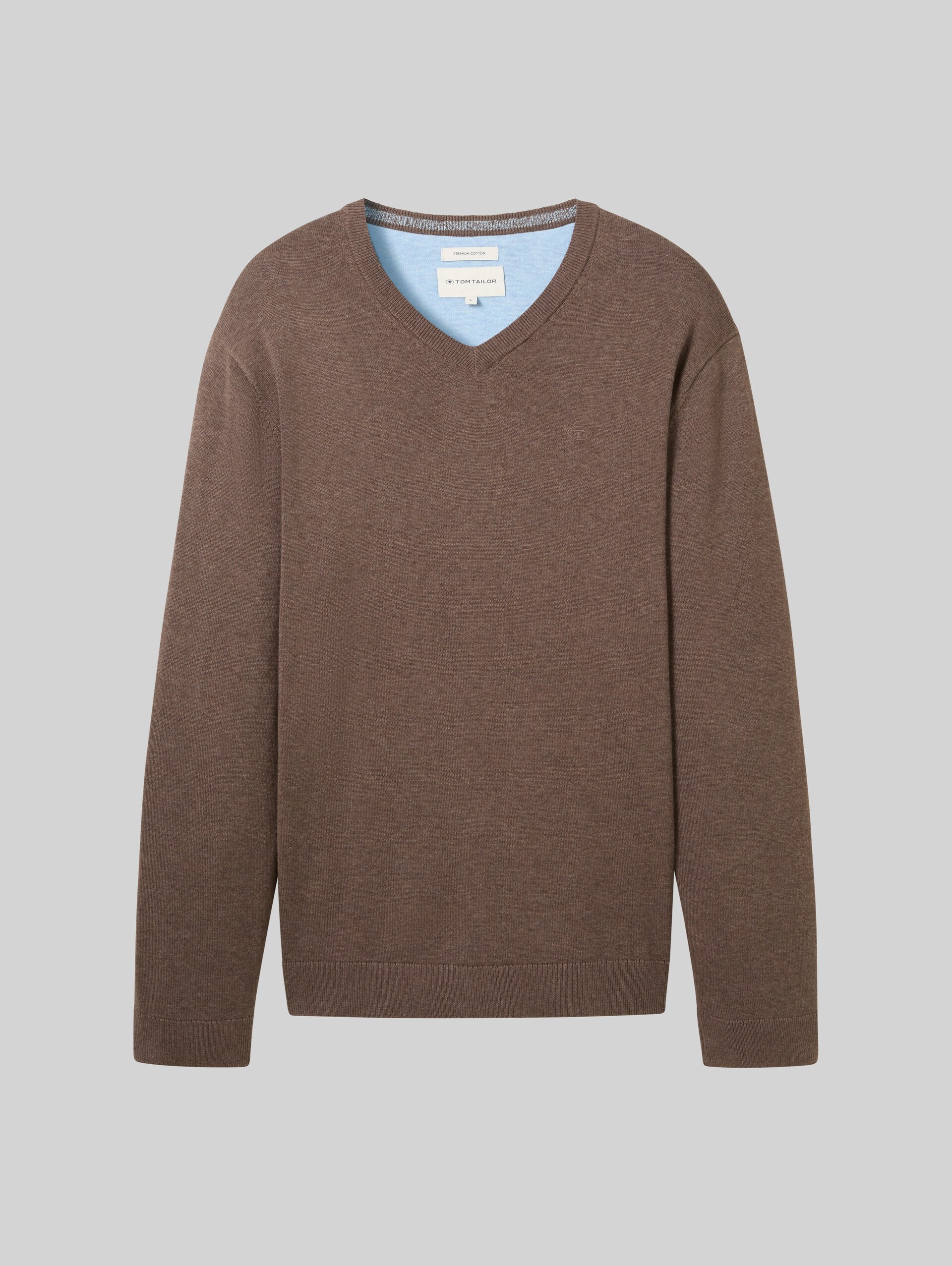 Gebreide trui met V-hals van katoen - wood brown melange