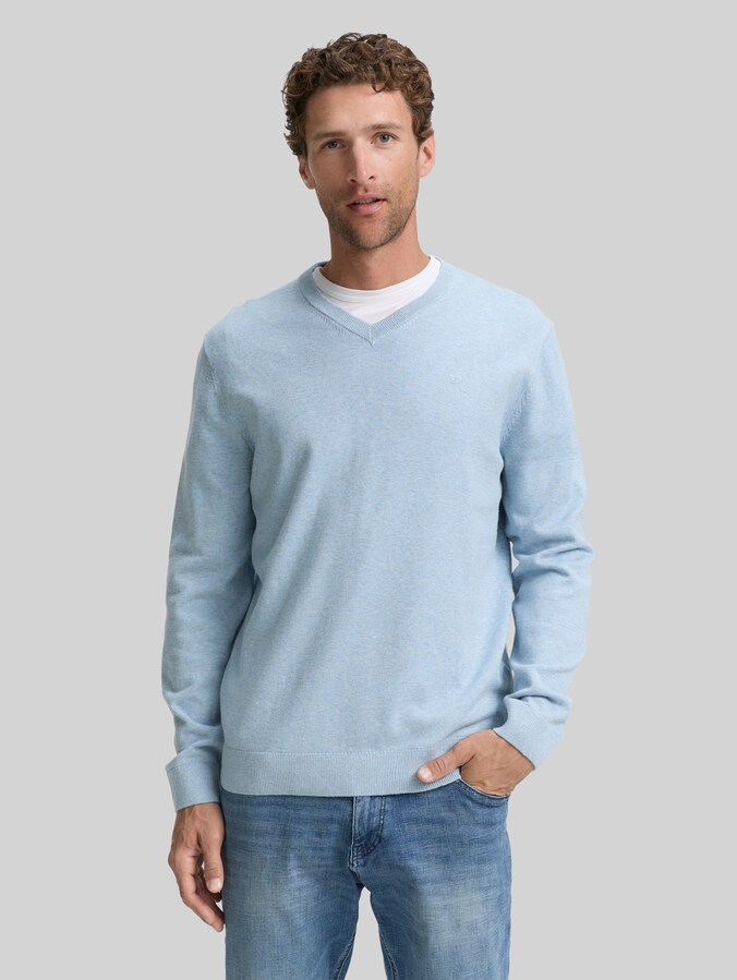 Gebreide trui met V-hals van katoen door Men, light metal blue melange