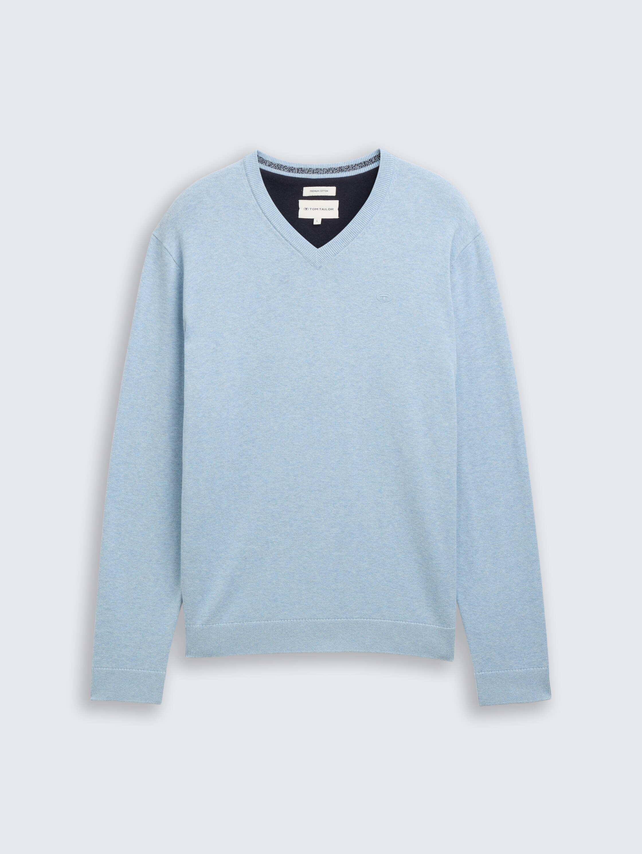 Strickpullover mit V-Ausschnitt aus Baumwolle - light_metal_blue_melange - 