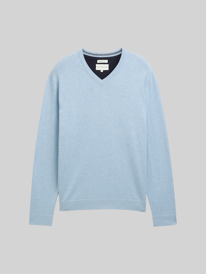Strickpullover mit V-Ausschnitt aus Baumwolle von Men, light metal blue melange
