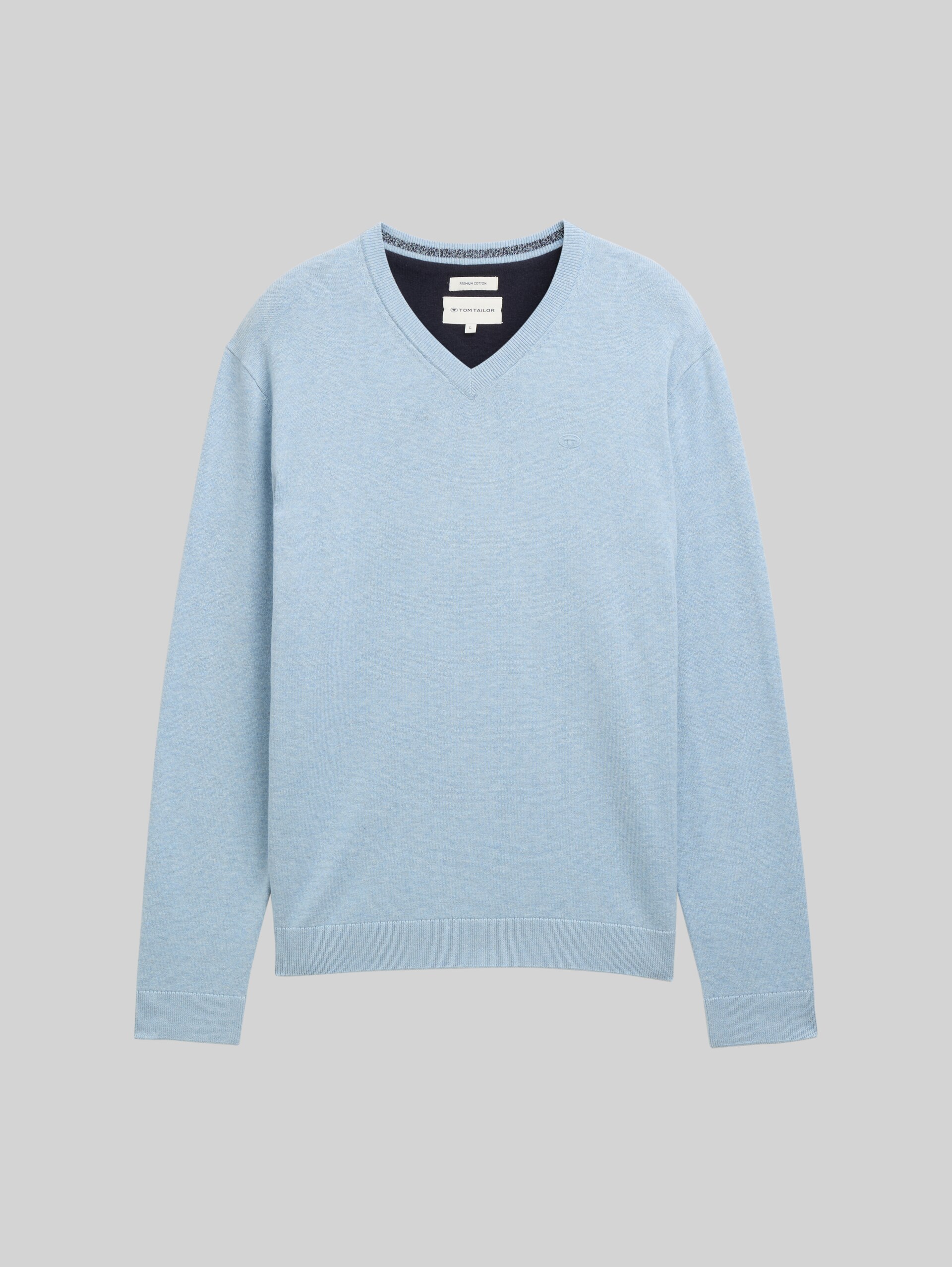 Strickpullover mit V-Ausschnitt aus Baumwolle - light metal blue melange