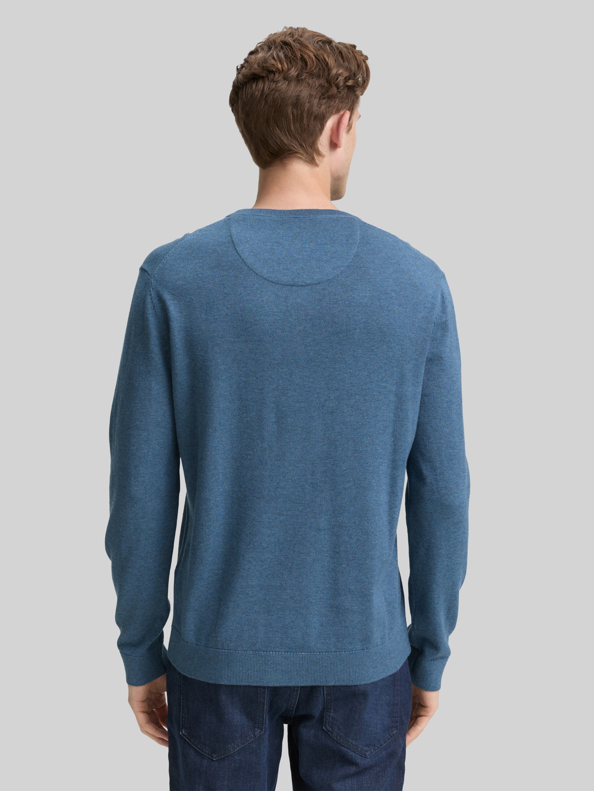 Strickpullover mit V-Ausschnitt aus Baumwolle - real teal melange