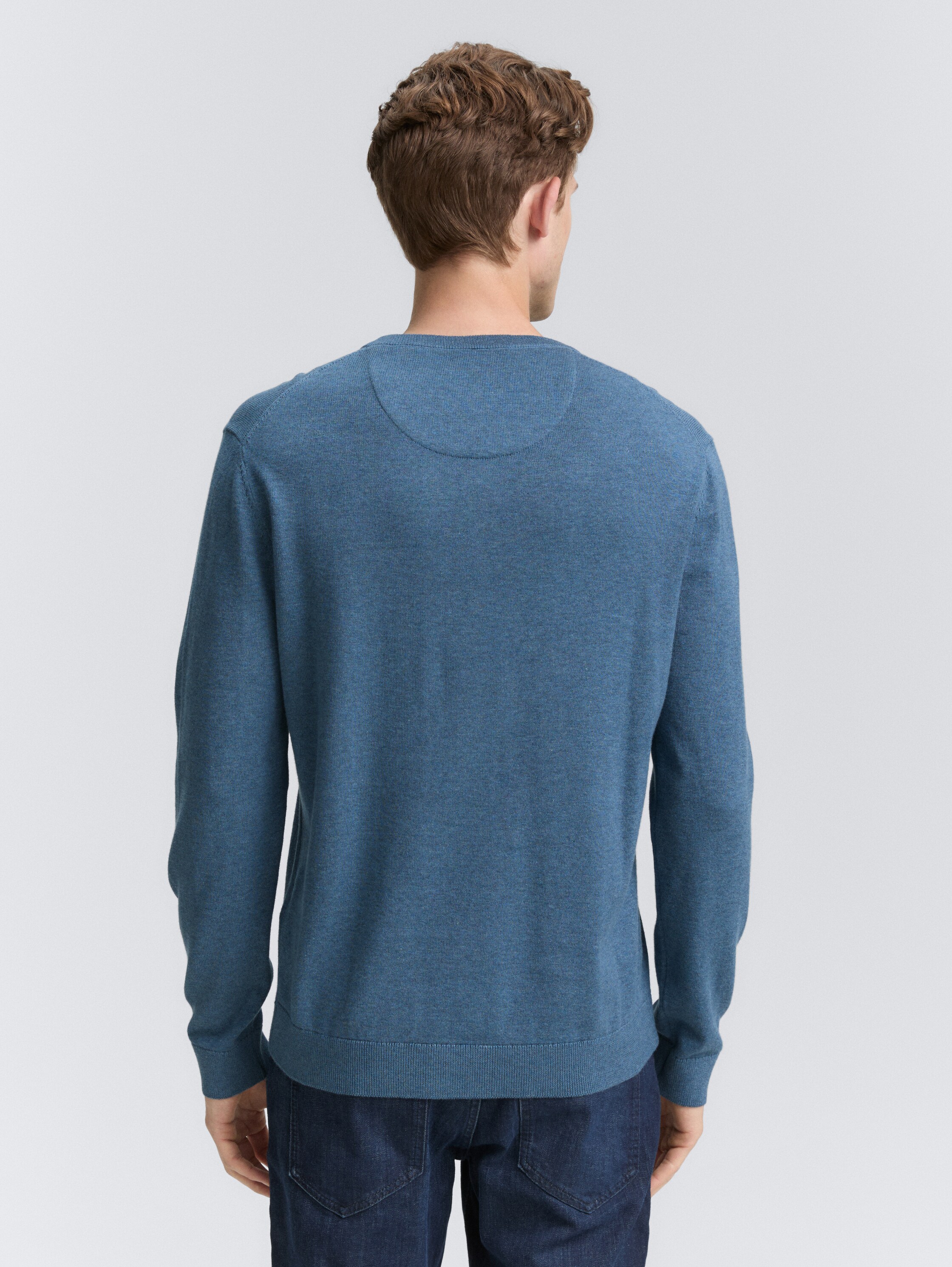 Cotton knit jumper with V-neck - real teal melange