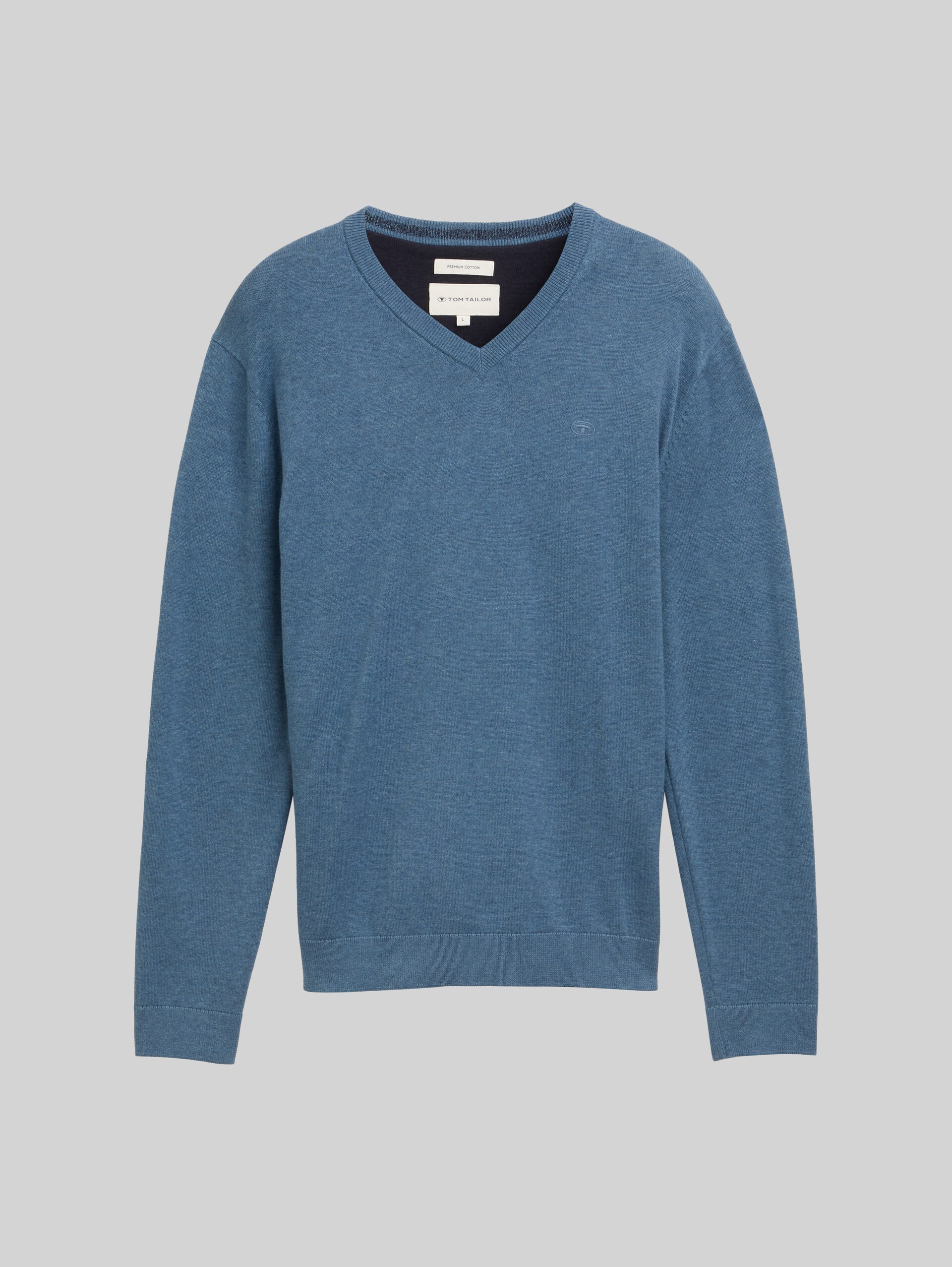 Strickpullover mit V-Ausschnitt aus Baumwolle - real teal melange