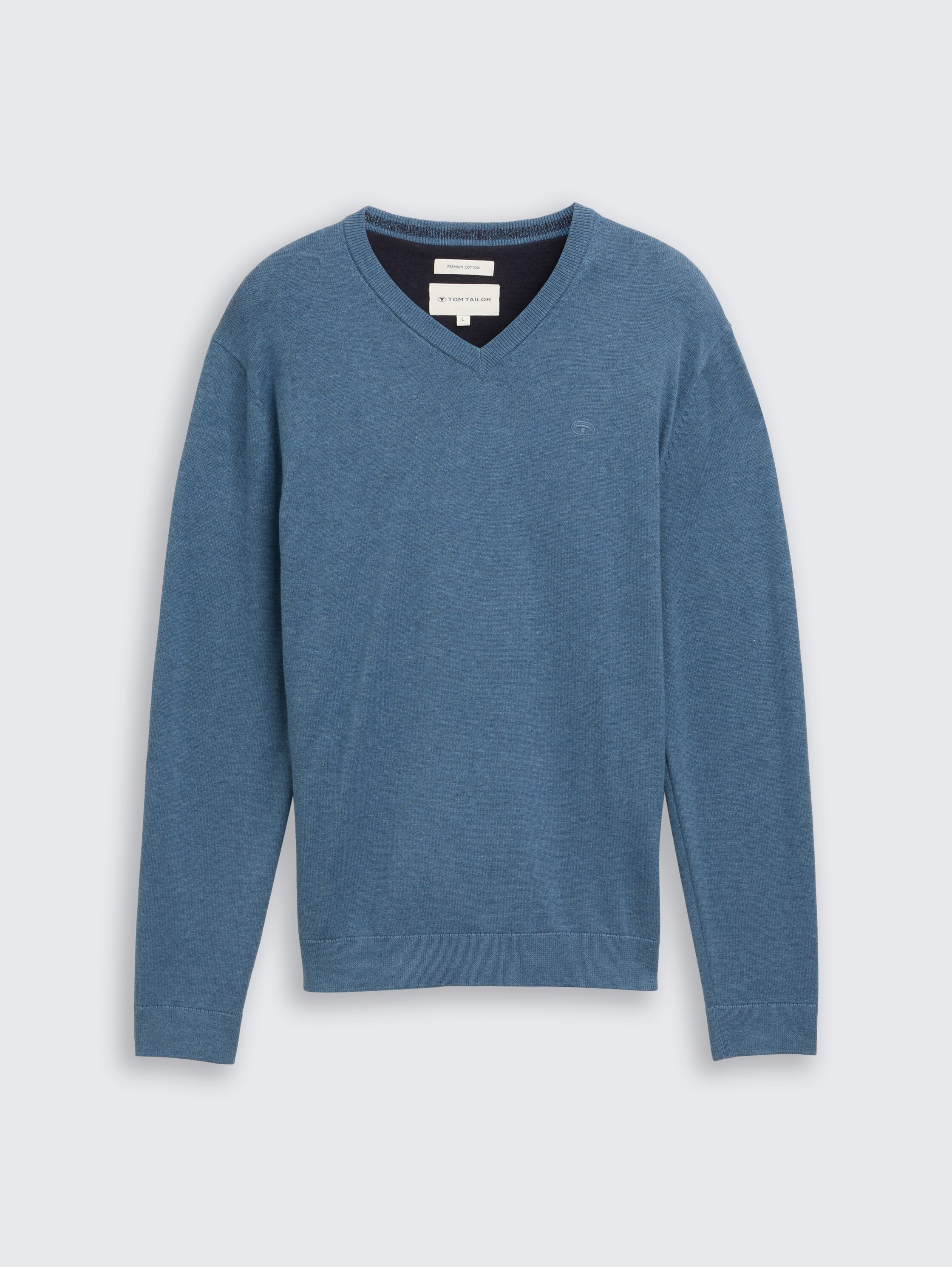 Cotton knit jumper with V-neck - real teal melange