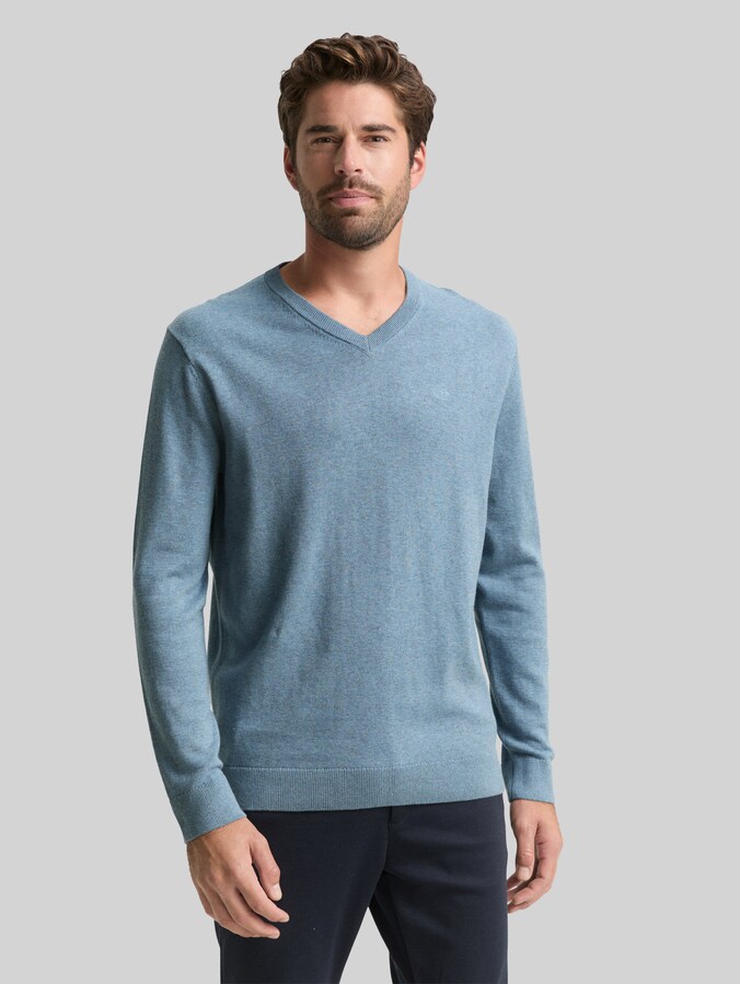 Strickpullover mit V-Ausschnitt aus Baumwolle von Men, faded blue melange