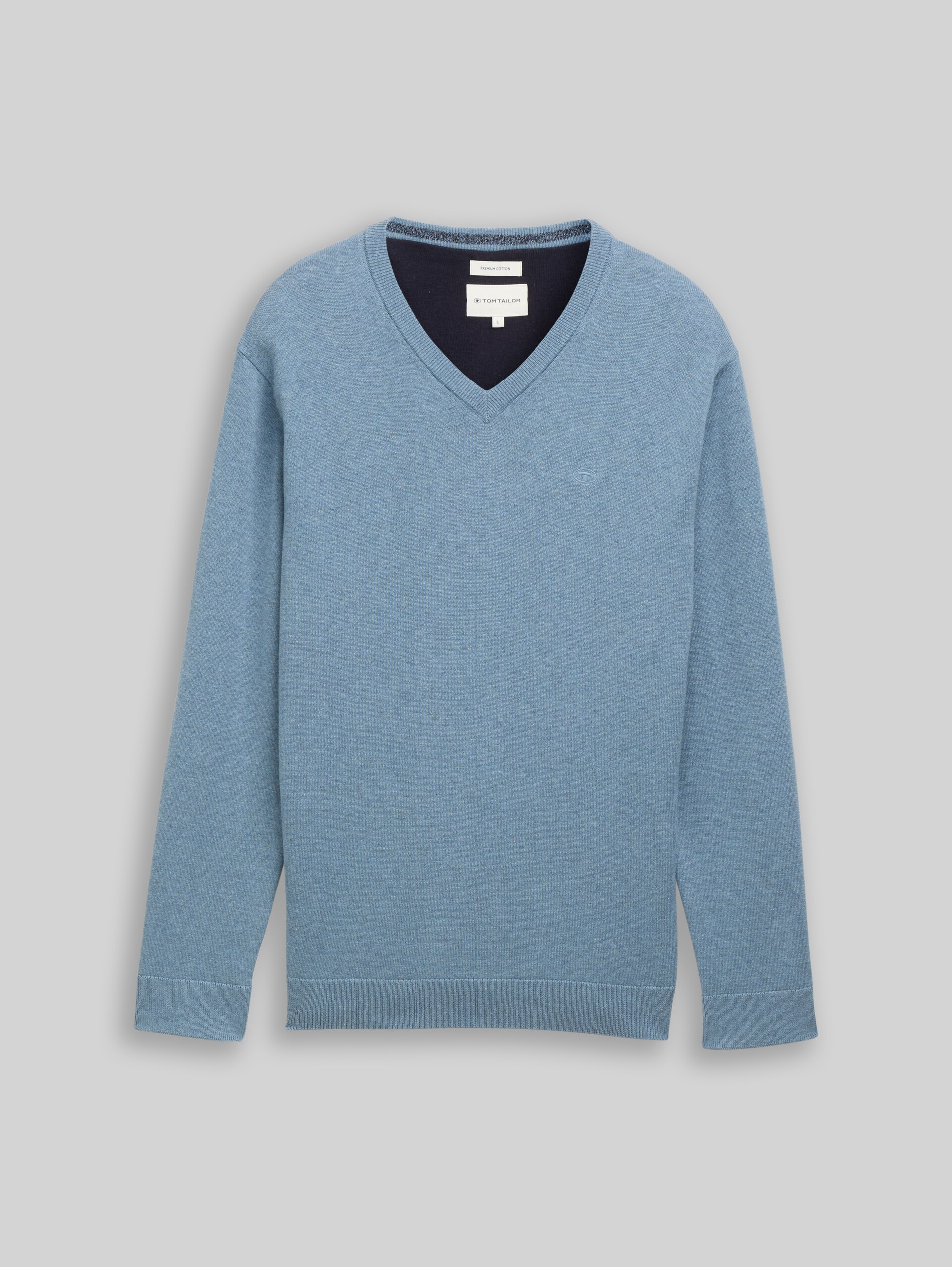 Pull en coton à col en V - faded blue melange