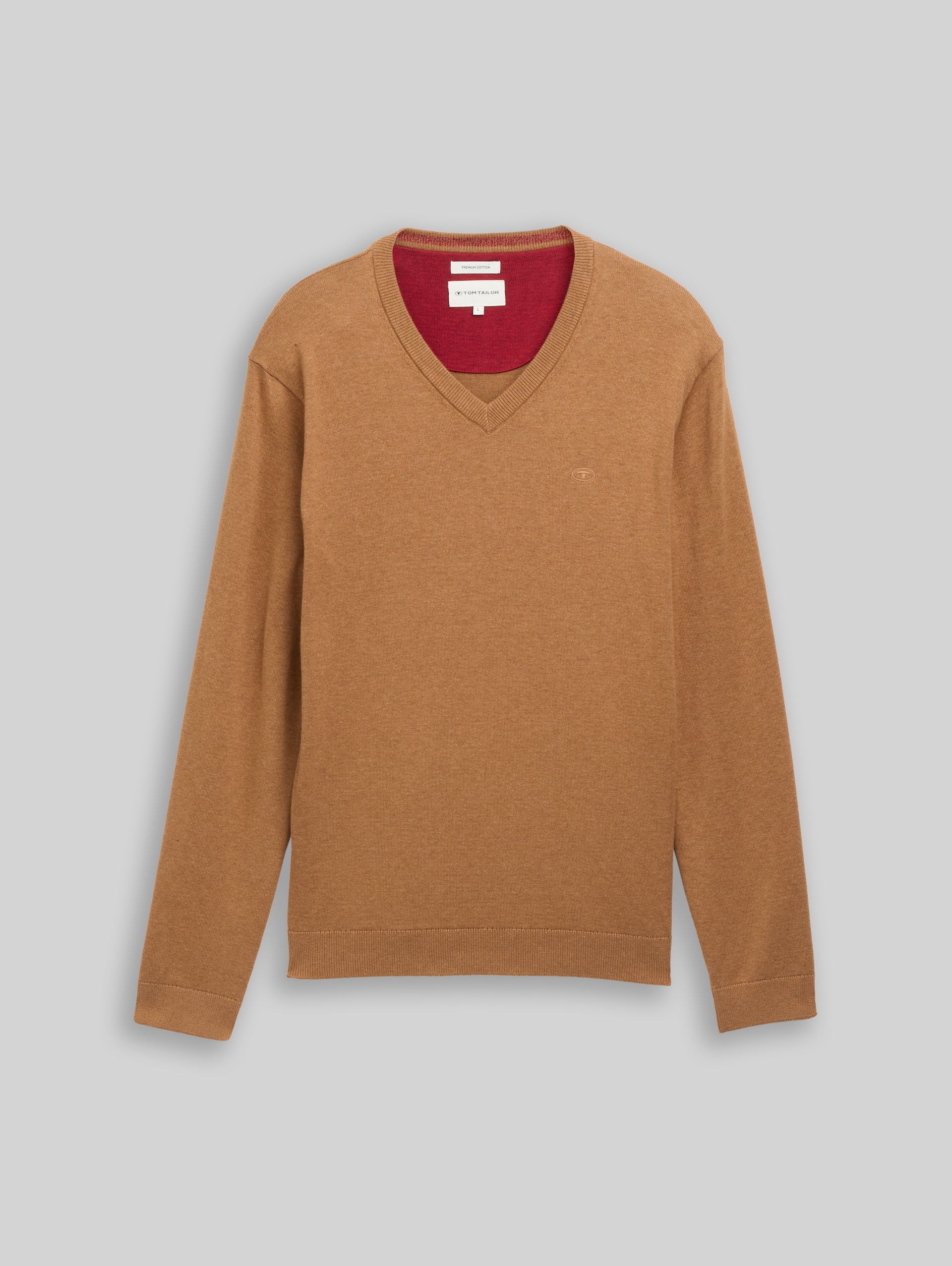 Strickpullover mit V-Ausschnitt aus Baumwolle - mid brown melange