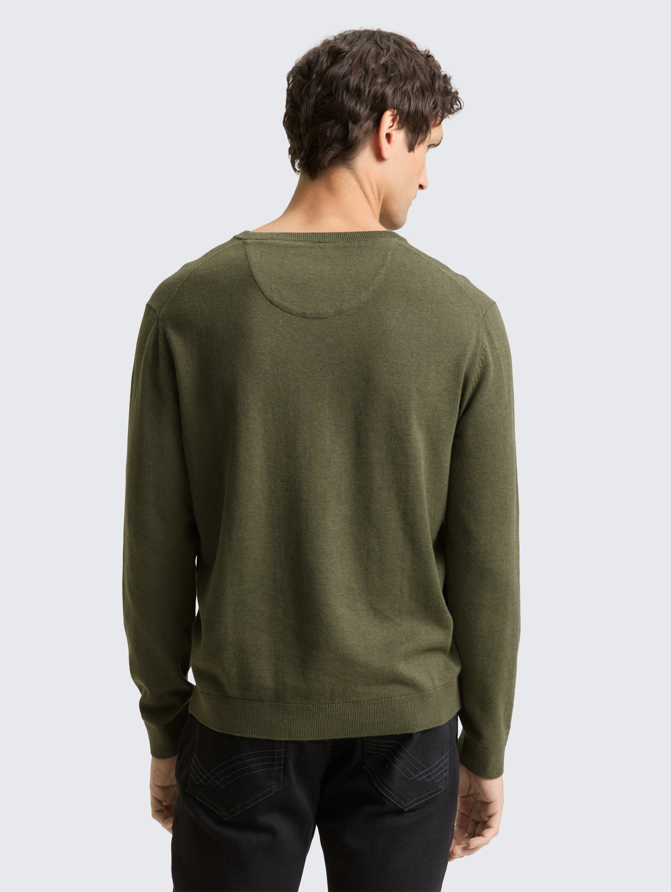 Cotton knit jumper with V-neck - tea leaf melange