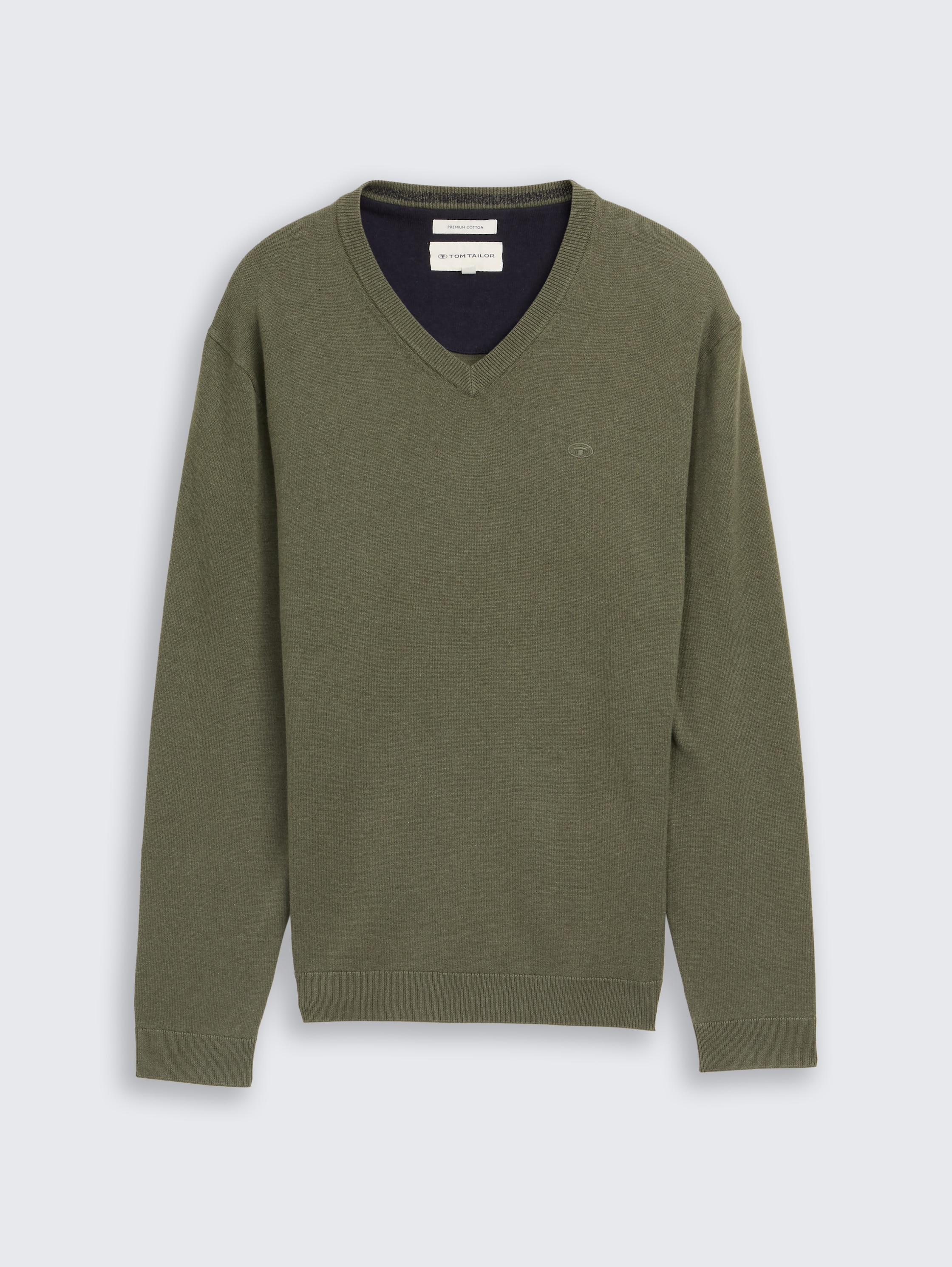 Cotton knit jumper with V-neck - tea leaf melange
