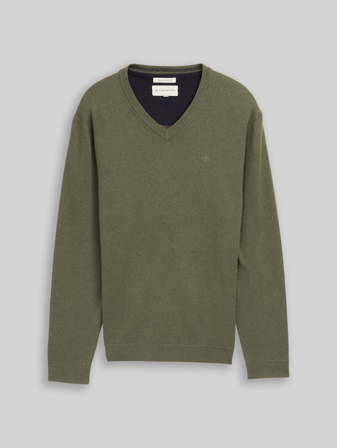 Pull en coton à col en V par Men, tea leaf melange