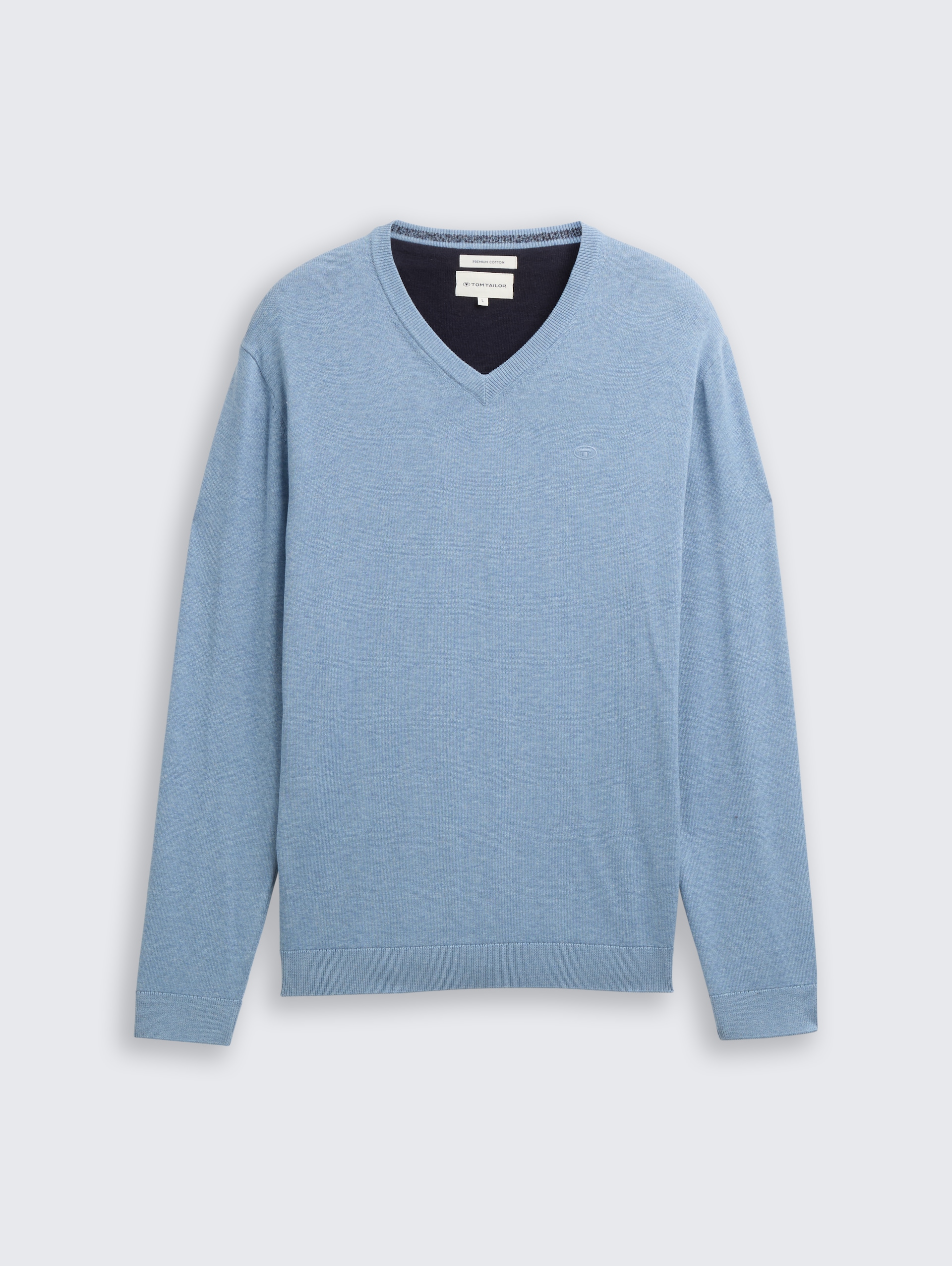 Strickpullover mit V-Ausschnitt aus Baumwolle - mountain spring blue melange