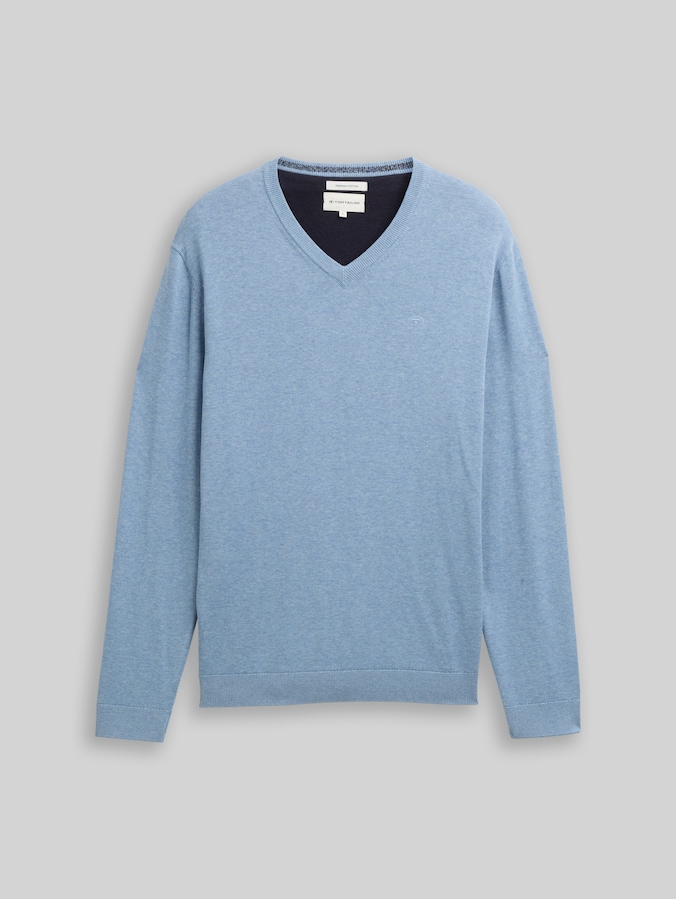 Cotton V-neck jumper by Men, mountain spring blue melange