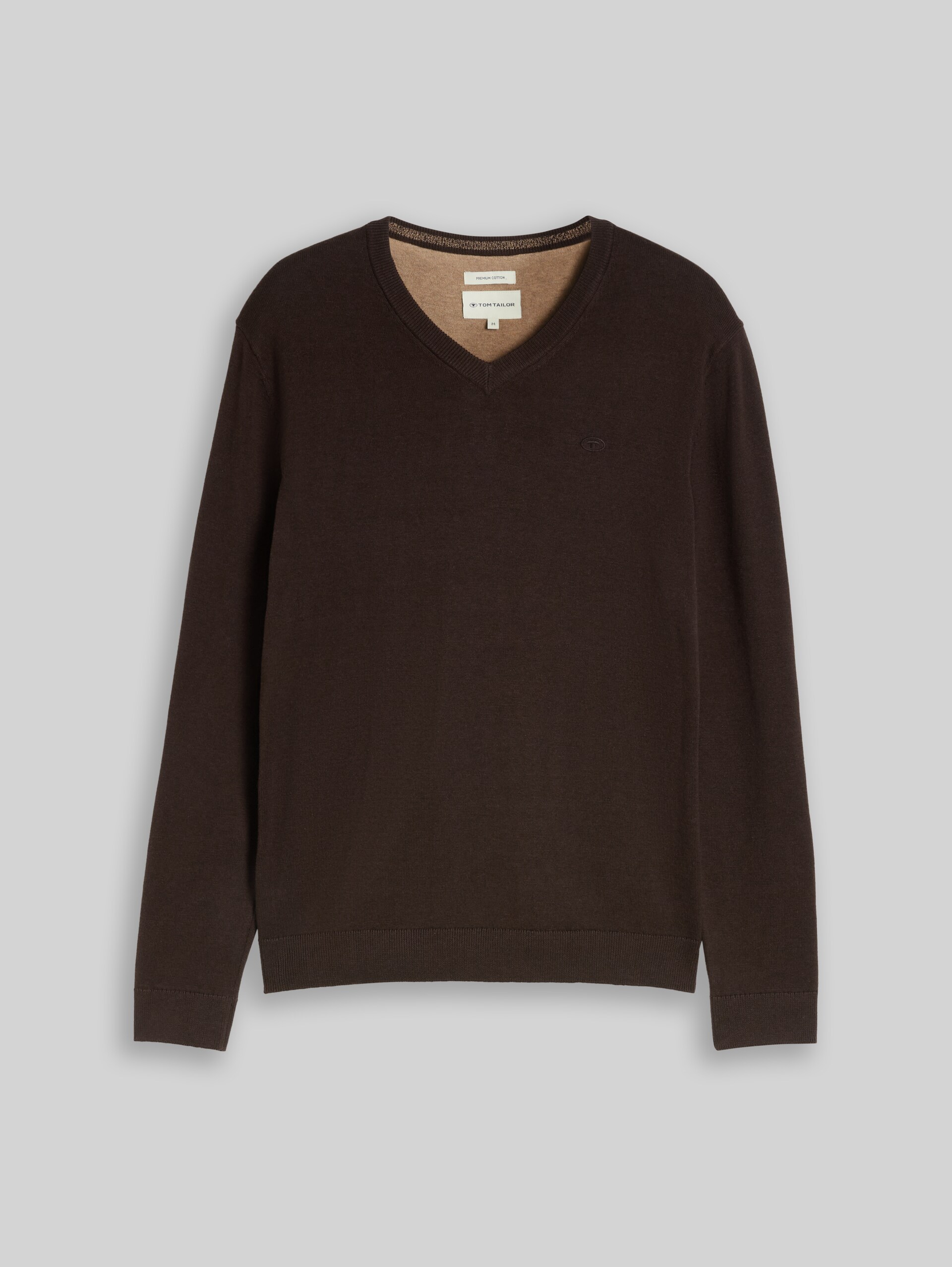Strickpullover mit V-Ausschnitt aus Baumwolle - dark chocolate brown melange