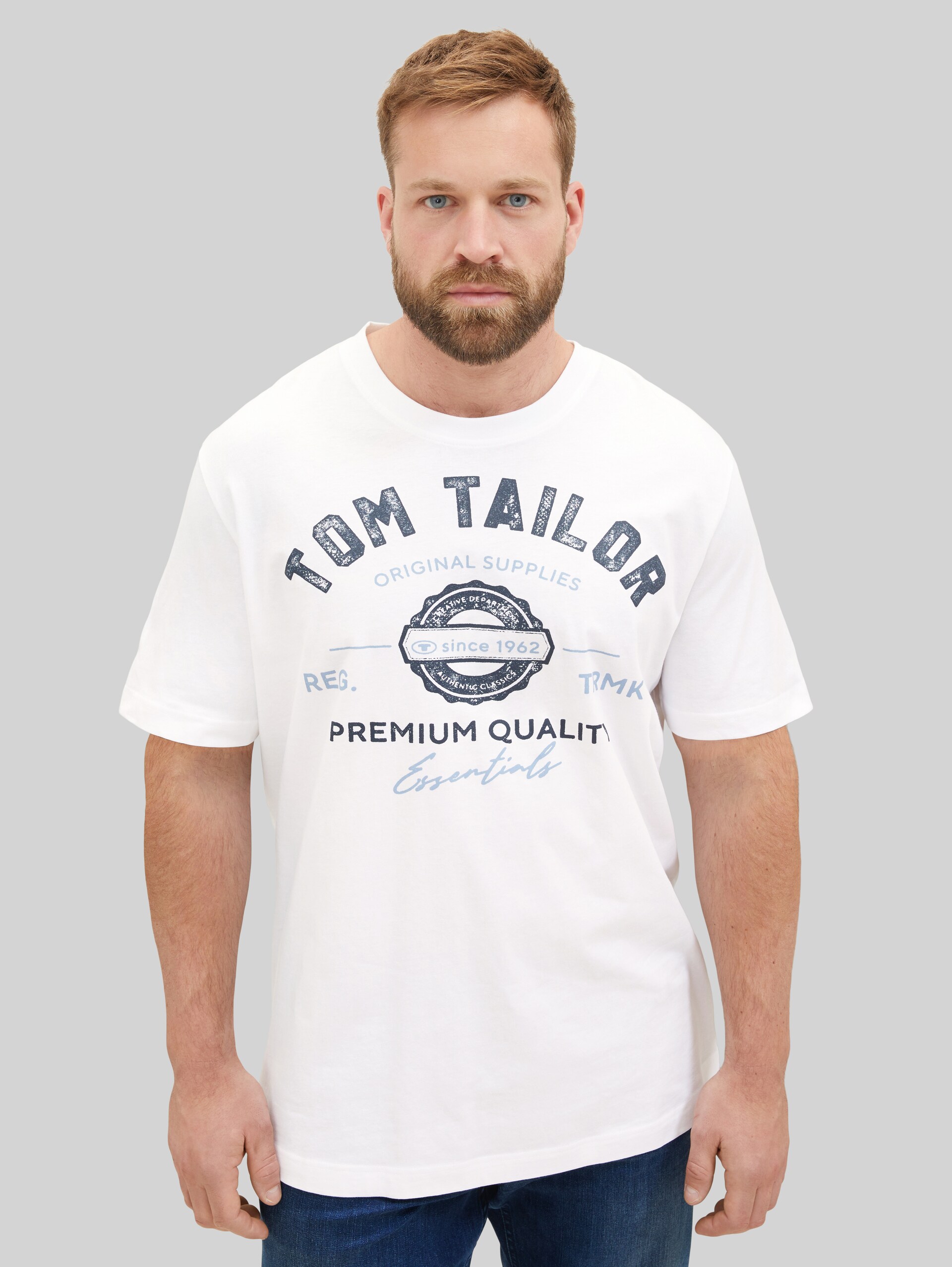 Plus Size - T-shirt with logo print - White - Neckline model front view