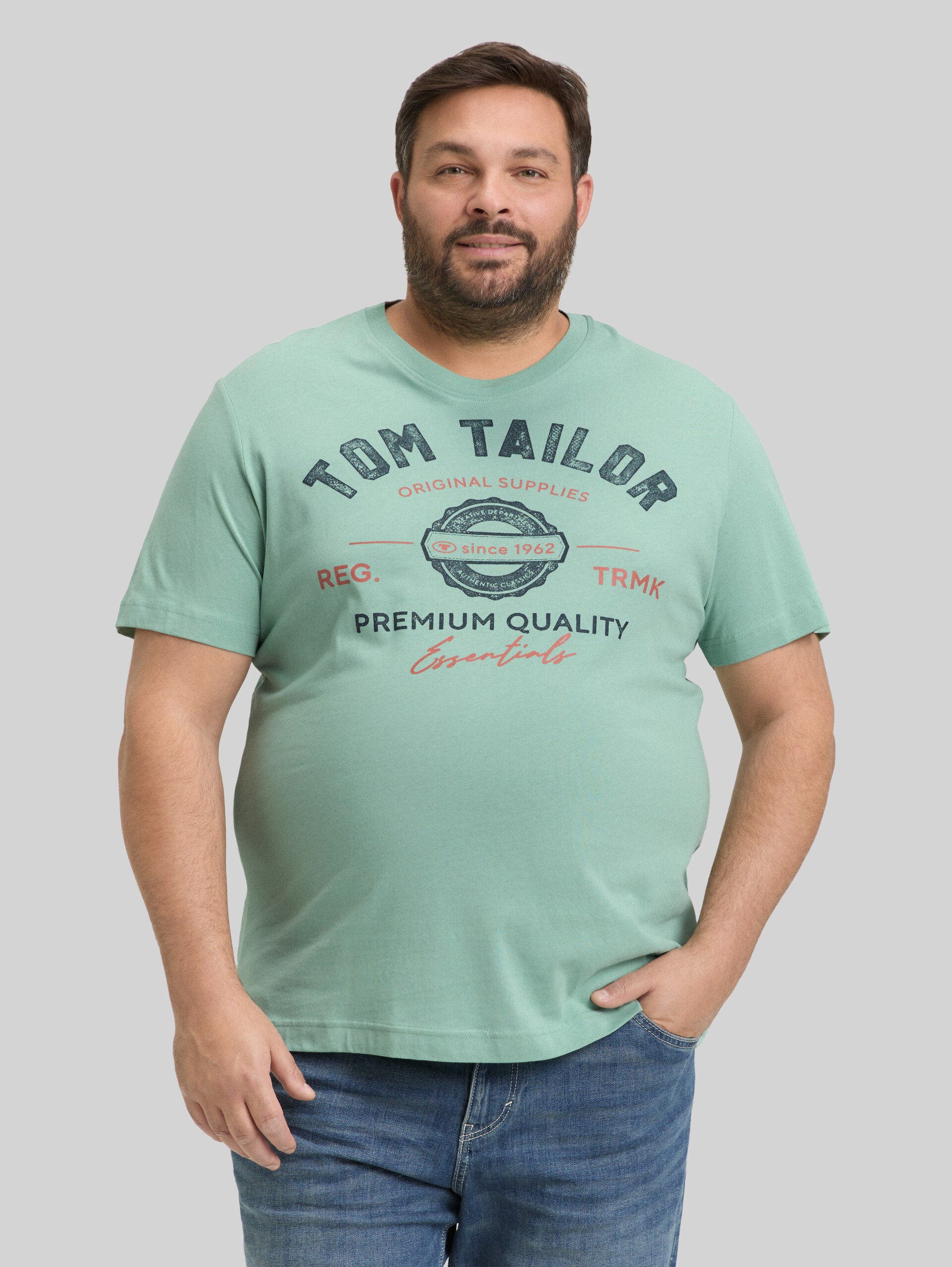 Plus Size - T-shirt with logo print - dust green - Neckline model front view