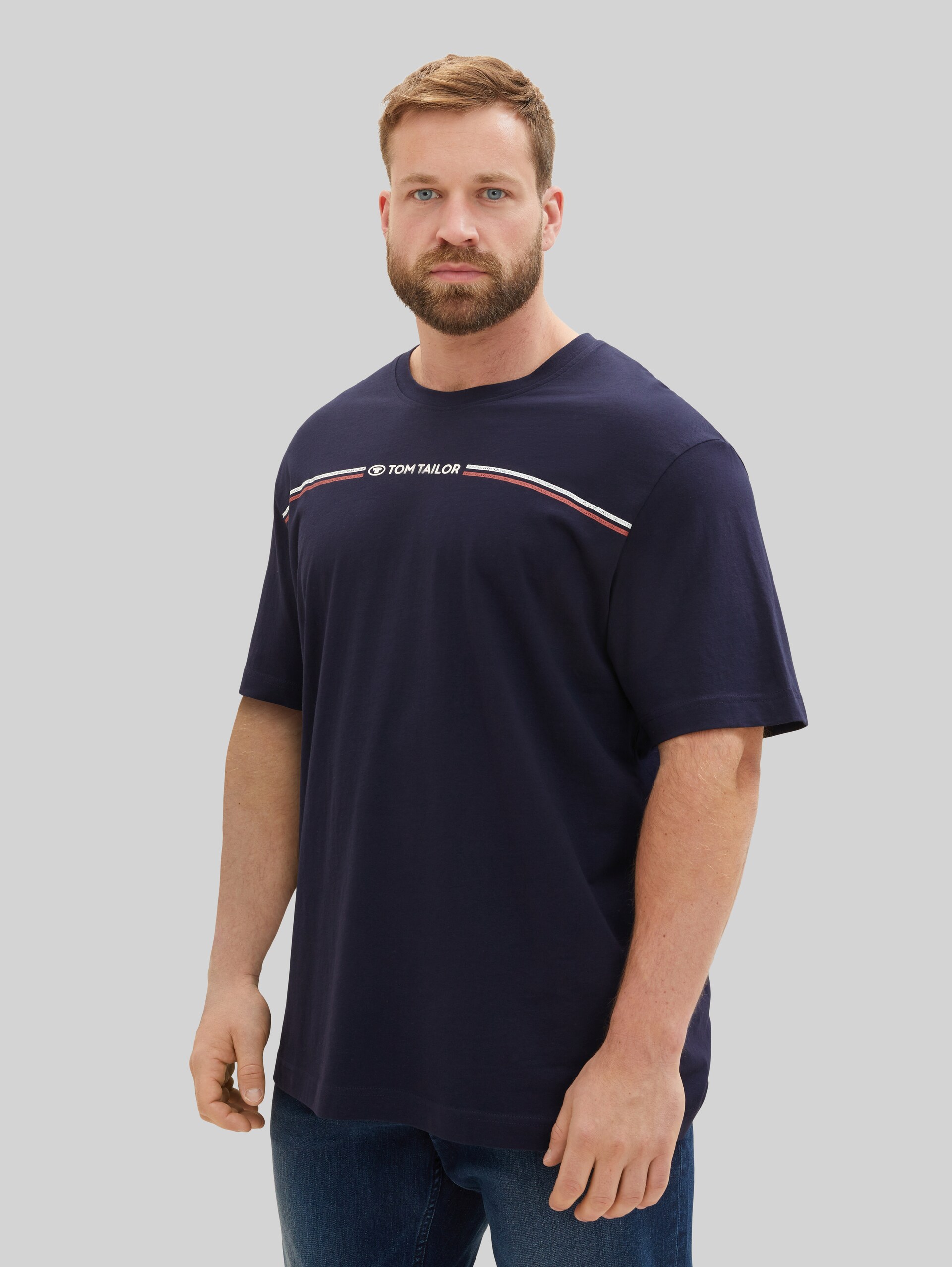 Plus Size - T-shirt with logo print - sky captain blue - Neckline model front view