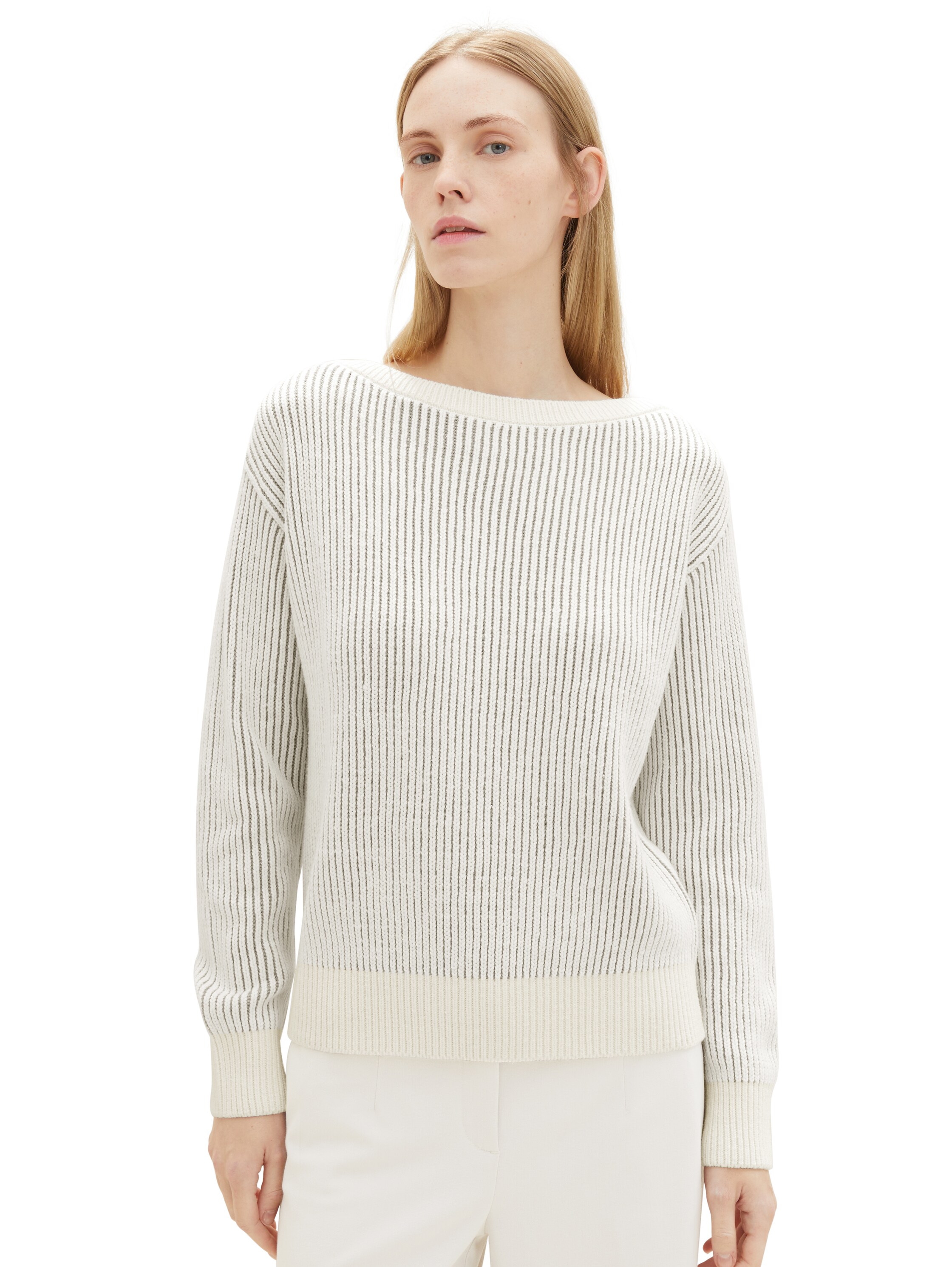 Strickpullover mit U-Boot Ausschnitt - offwhite grey structure - Ausschnitt Model-Vorderansicht